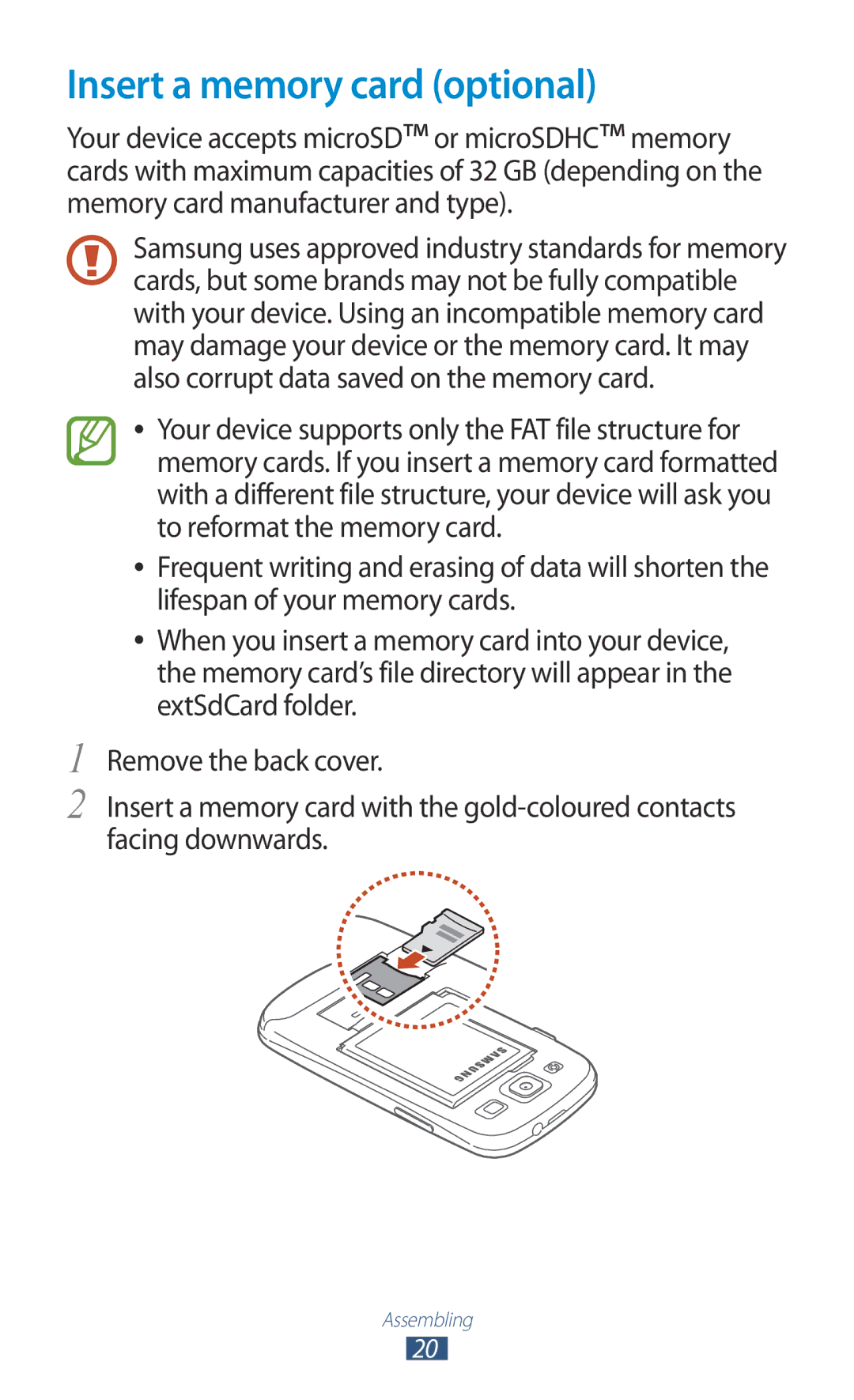 Samsung GT-I9300RWADBT user manual Insert a memory card optional 