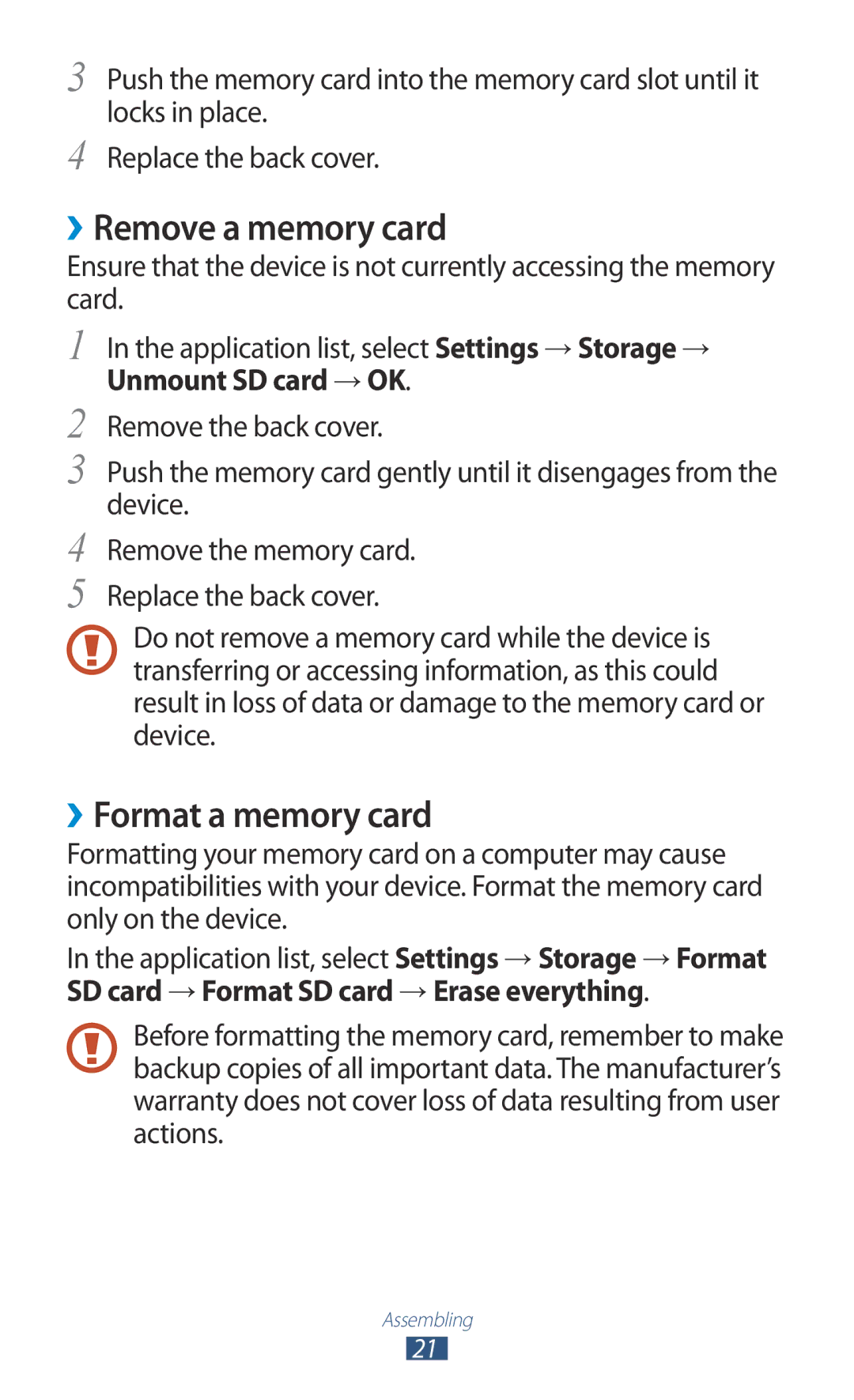 Samsung GT-I9300RWADBT user manual ››Remove a memory card, ››Format a memory card, Unmount SD card → OK 