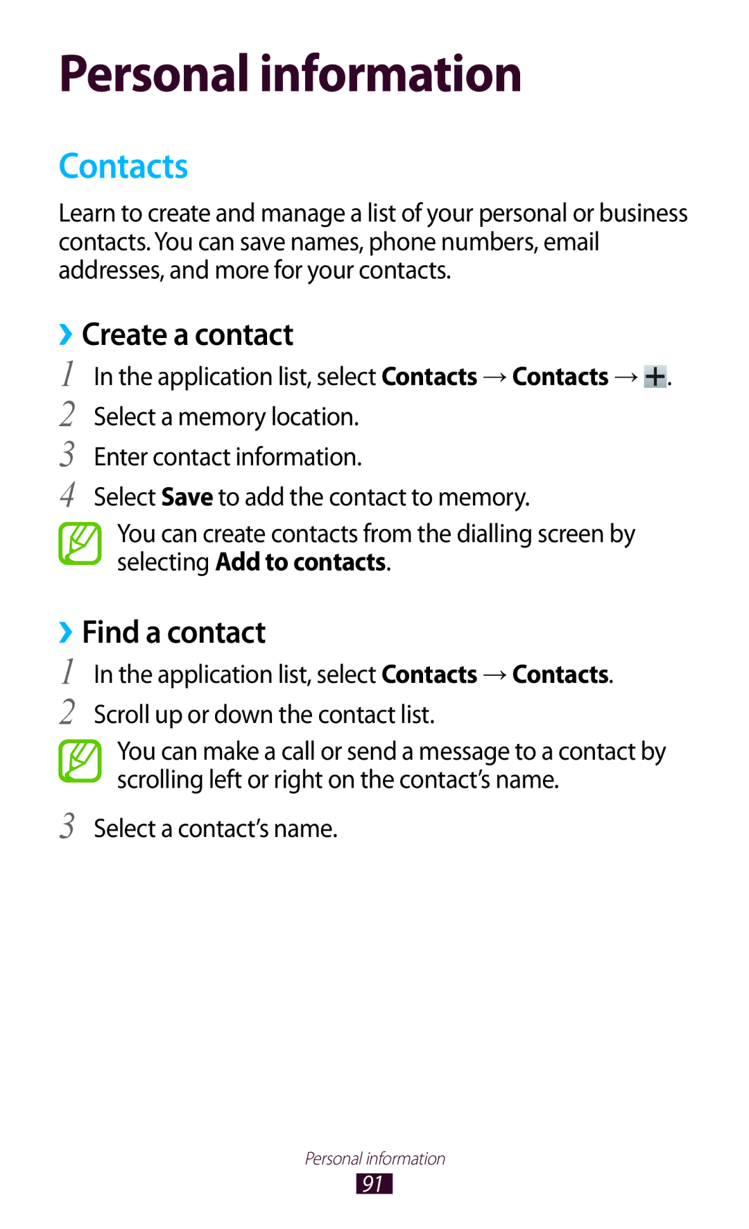 Samsung GT-I9300RWADBT user manual Contacts, ››Create a contact, ››Find a contact, Select a contact’s name 