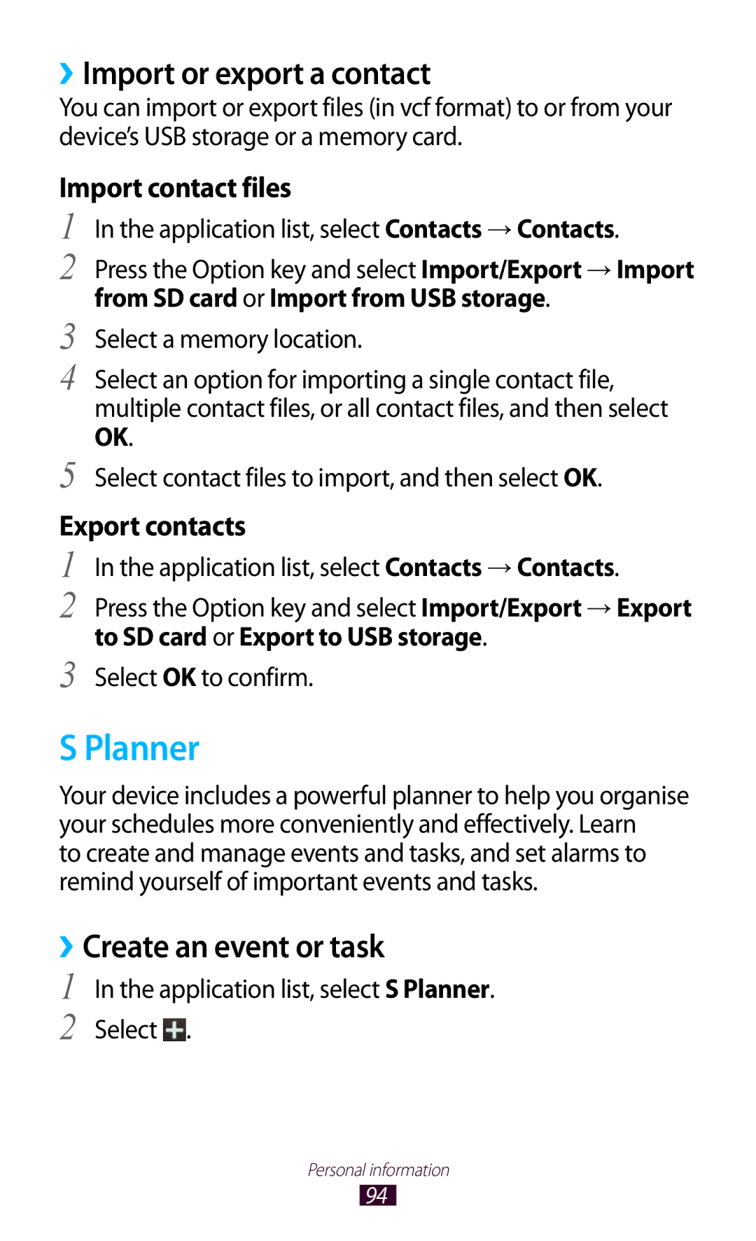 Samsung GT-I9300 Planner, ››Import or export a contact, ››Create an event or task, To SD card or Export to USB storage 