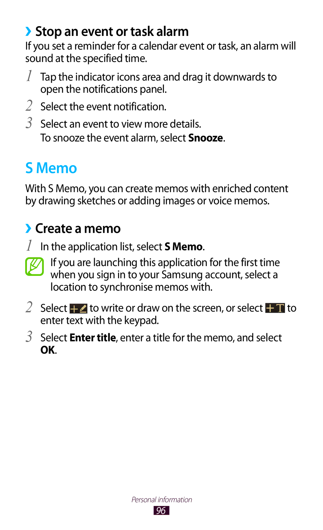 Samsung GT-I9300RWADBT user manual ››Stop an event or task alarm, ››Create a memo, Application list, select S Memo 