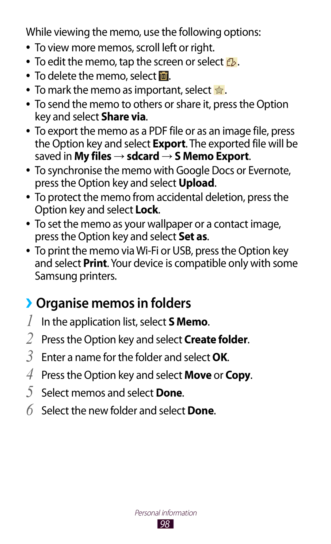 Samsung GT-I9300RWADBT user manual ››Organise memos in folders 