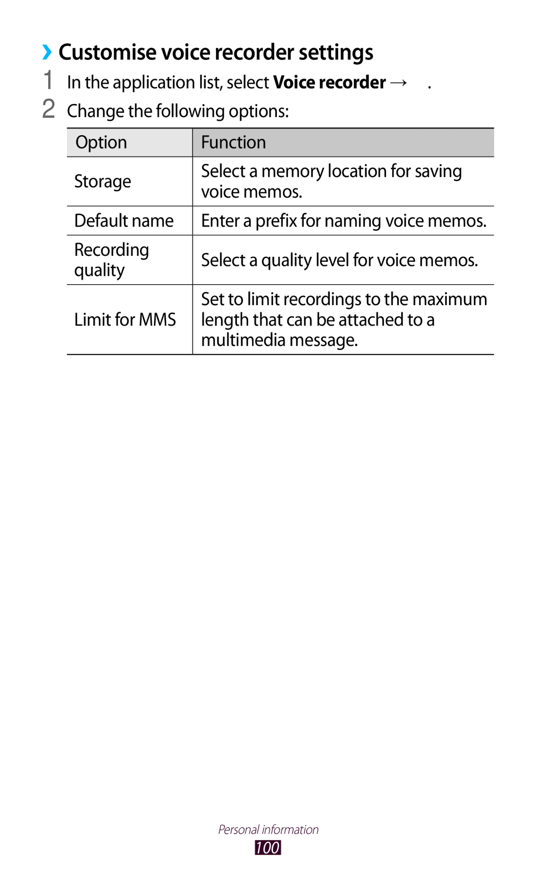 Samsung GT-I9300 user manual ››Customise voice recorder settings, Quality 