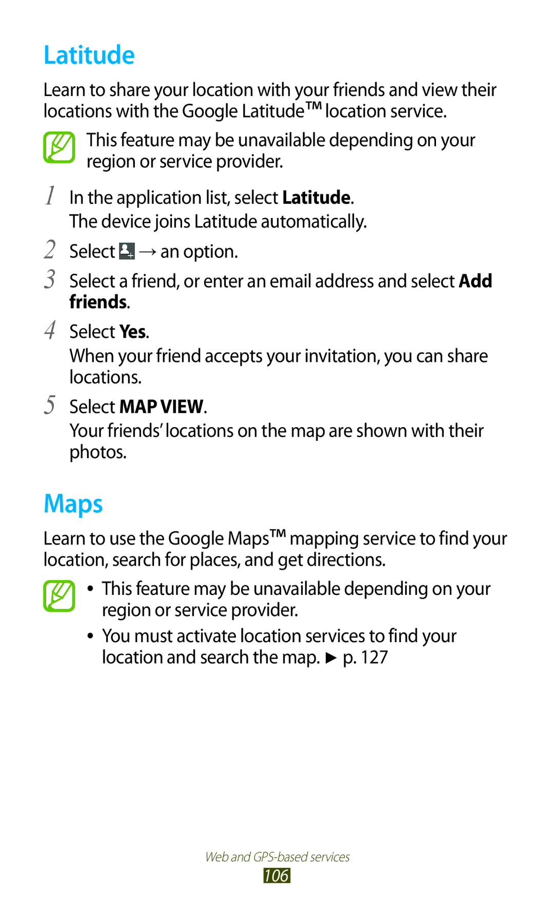 Samsung GT-I9300 user manual Latitude, Maps, Friends 