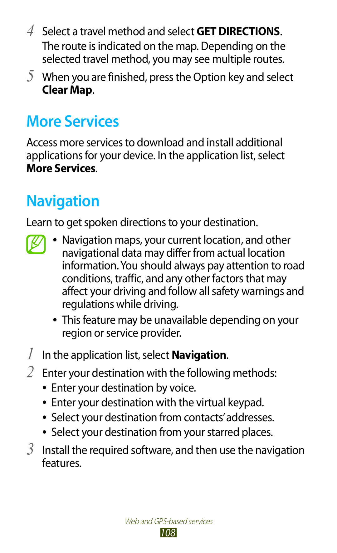 Samsung GT-I9300 user manual More Services, Navigation, Clear Map 