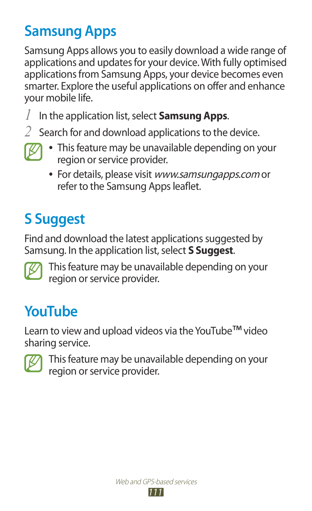 Samsung GT-I9300 user manual Samsung Apps, Suggest, YouTube 