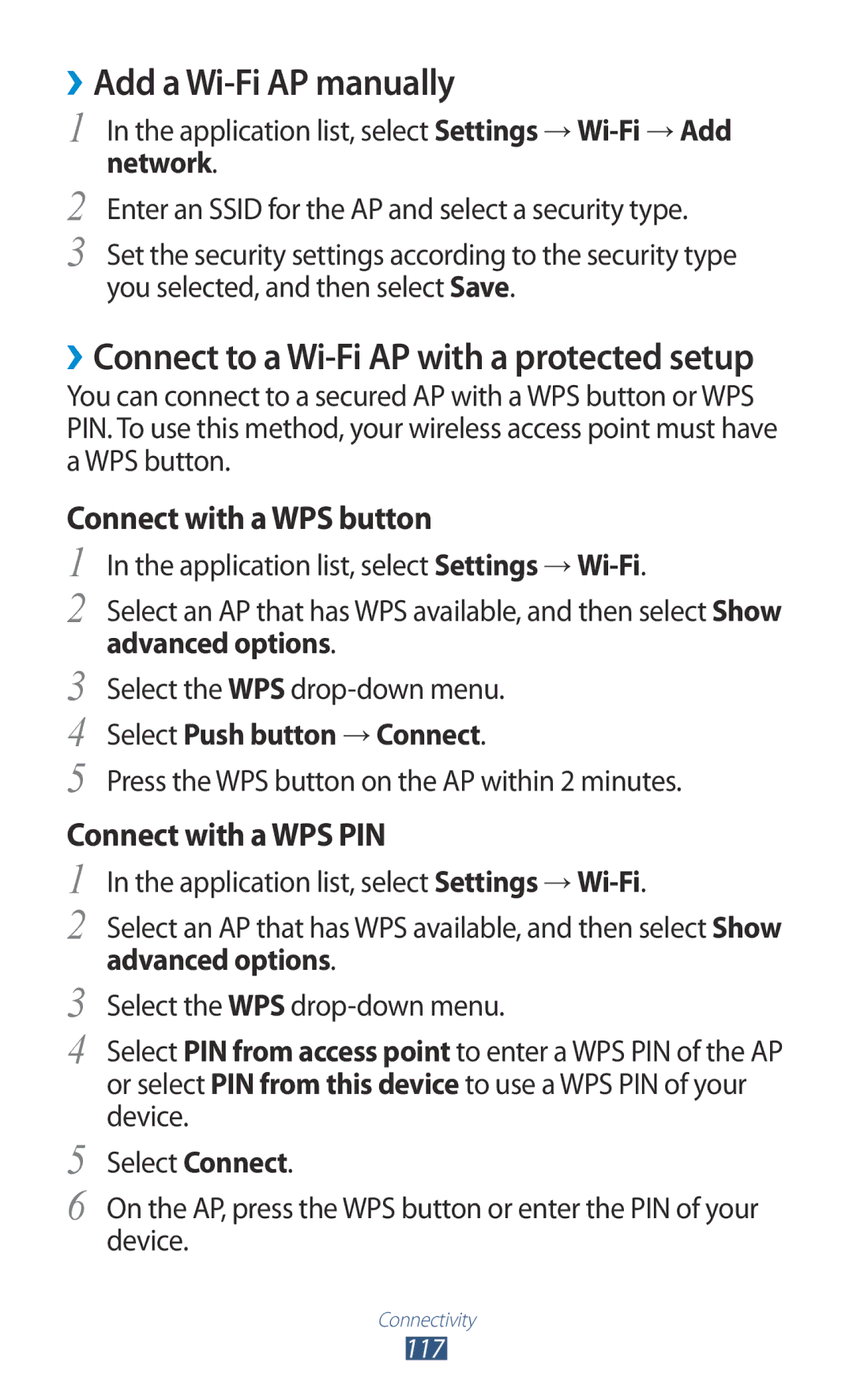 Samsung GT-I9300 user manual ››Add a Wi-Fi AP manually, Application list, select Settings → Wi-Fi, Advanced options 