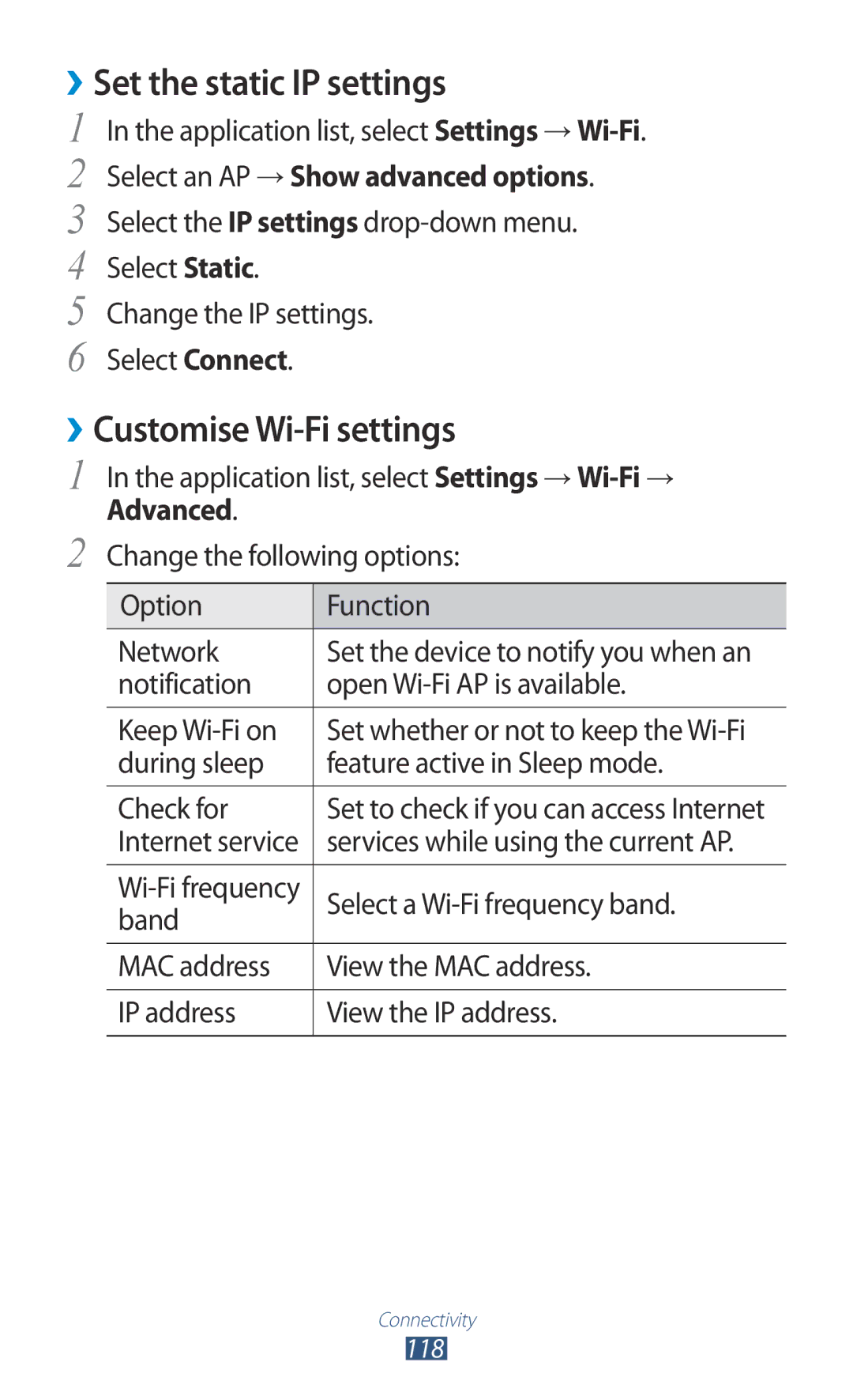 Samsung GT-I9300 user manual ››Set the static IP settings, ››Customise Wi-Fi settings 