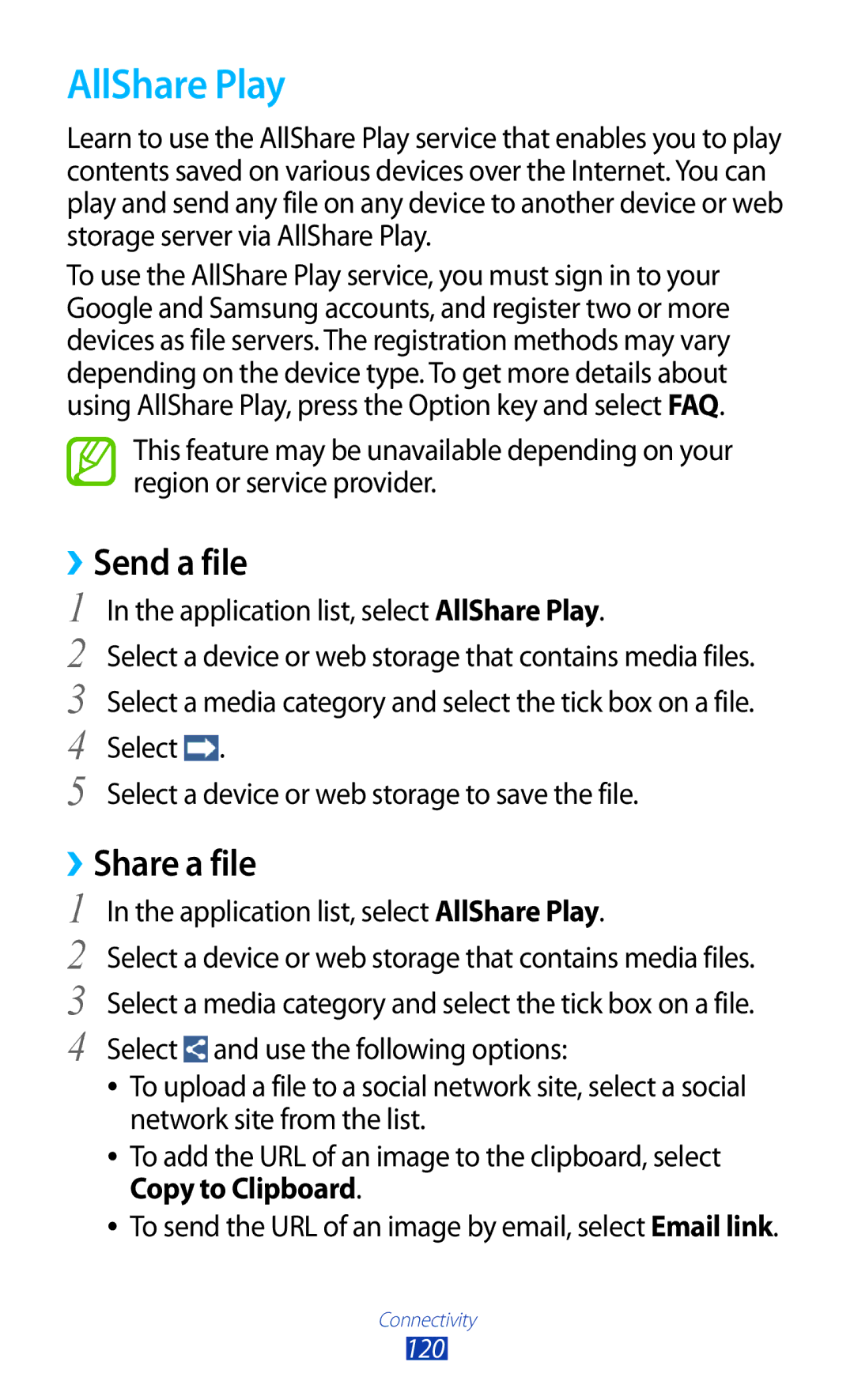 Samsung GT-I9300 user manual AllShare Play, Send a file 