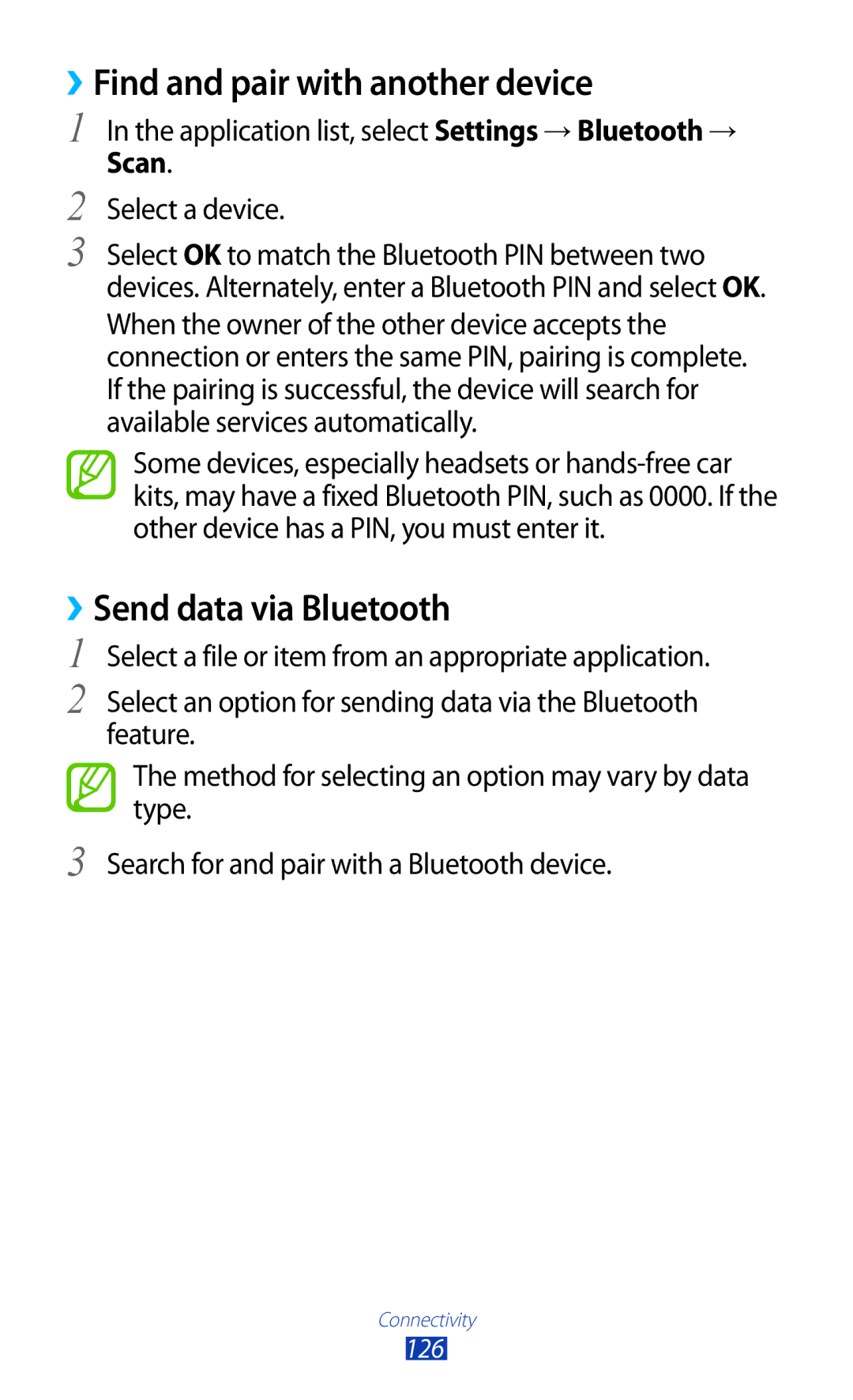 Samsung GT-I9300 user manual ››Find and pair with another device, ››Send data via Bluetooth, Scan 