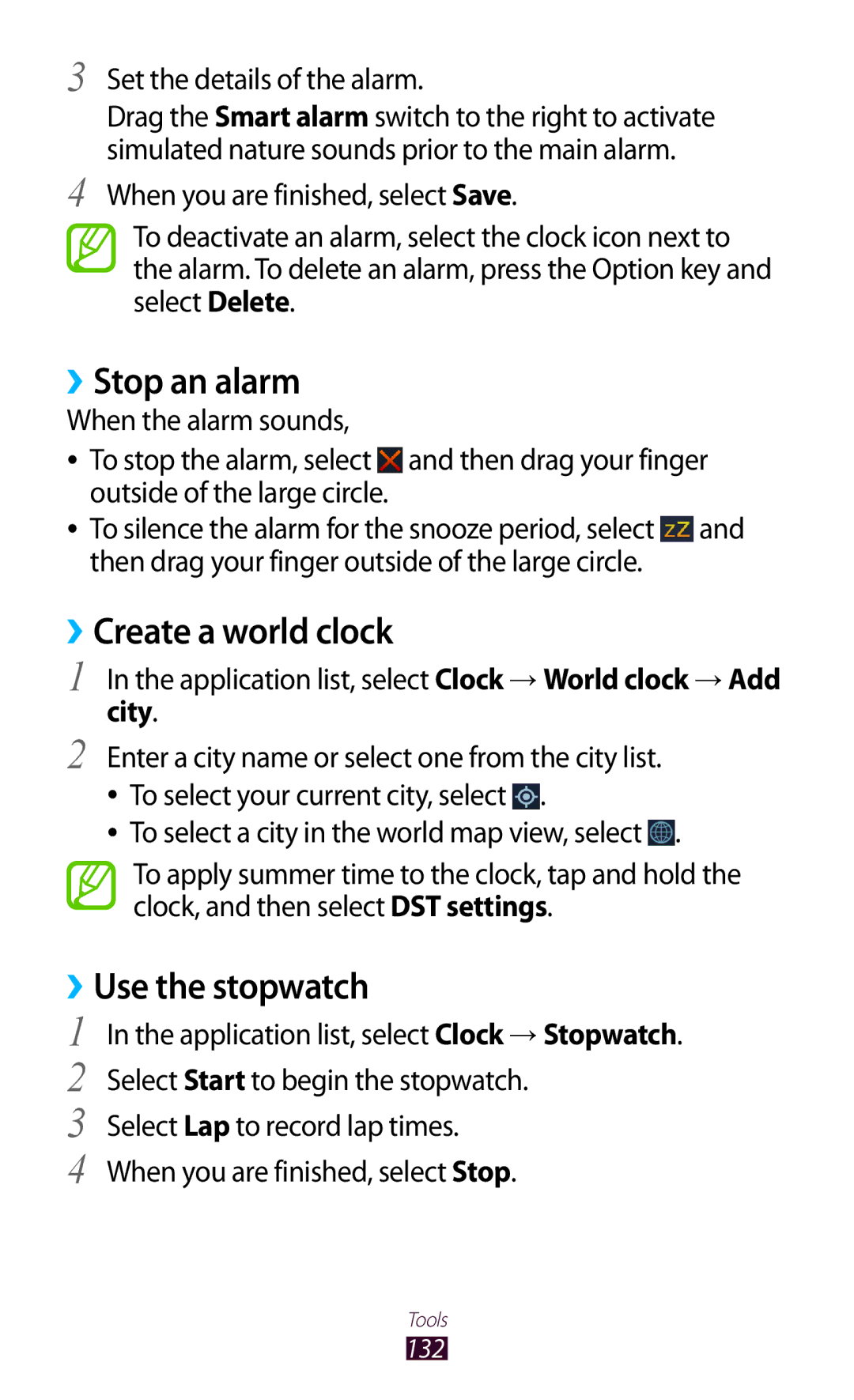 Samsung GT-I9300 user manual ››Stop an alarm, ››Create a world clock, ››Use the stopwatch, City 