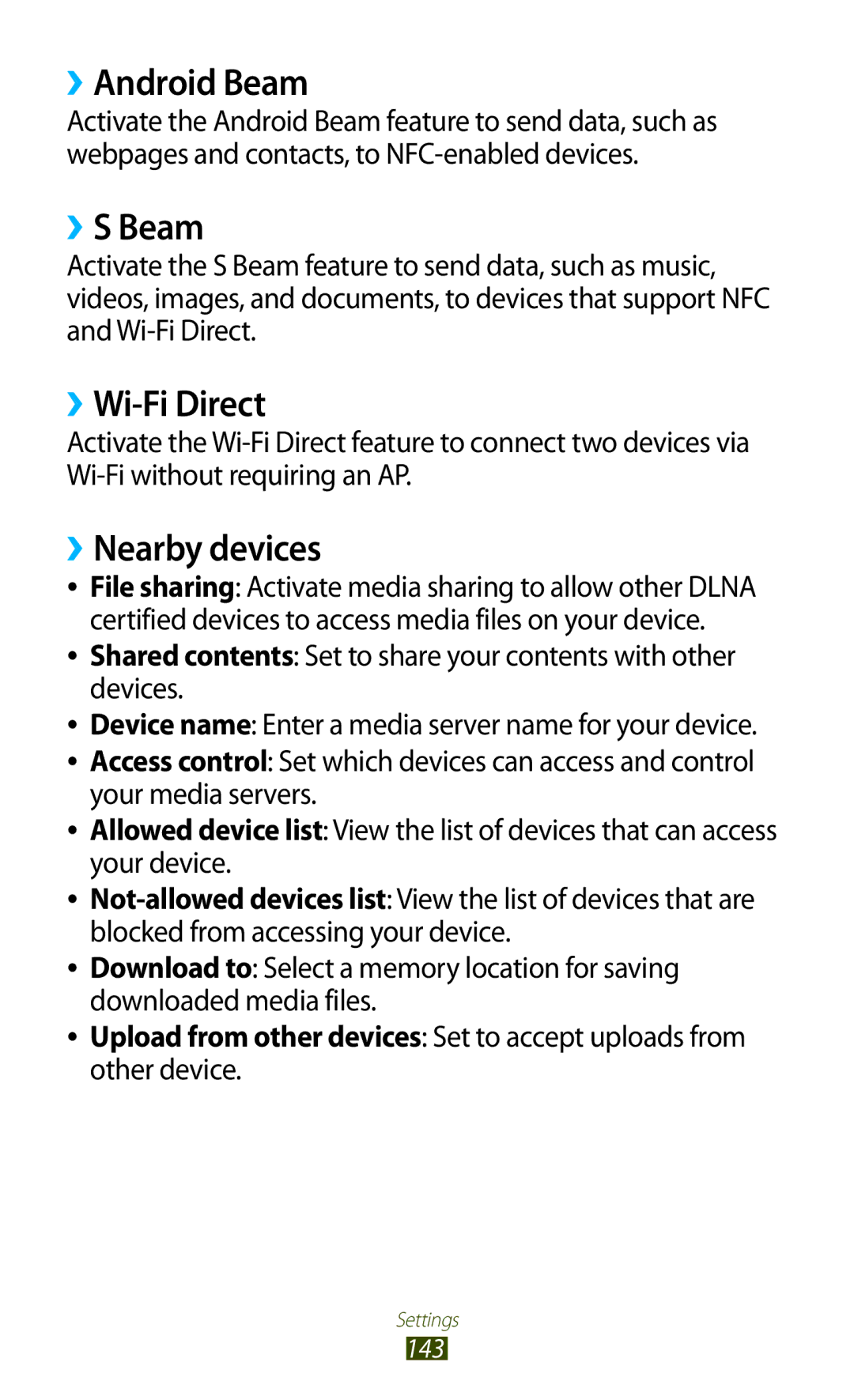 Samsung GT-I9300 user manual ››Android Beam, ››S Beam, ››Wi-Fi Direct, ››Nearby devices 