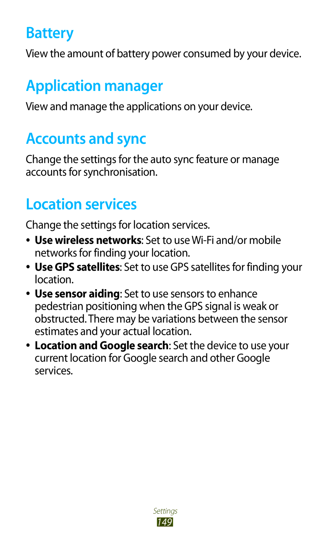 Samsung GT-I9300 user manual Battery, Application manager, Accounts and sync, Location services 