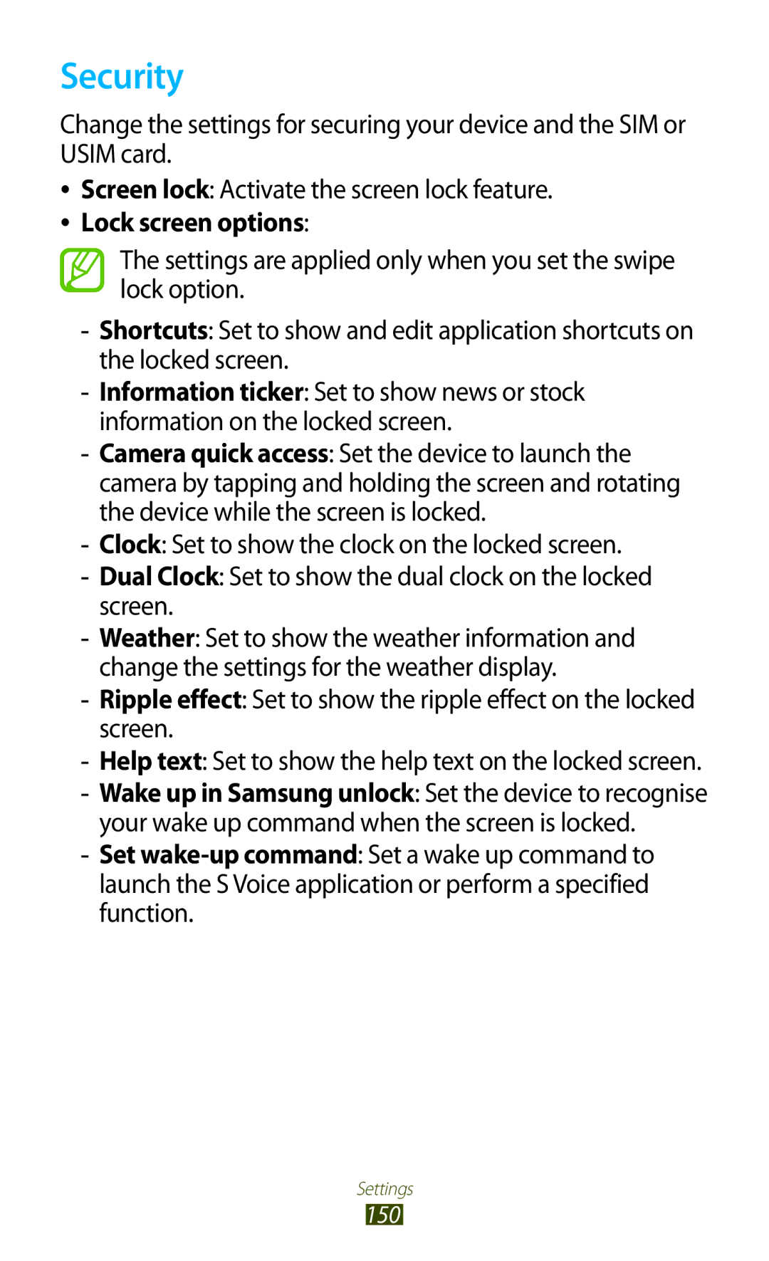 Samsung GT-I9300 user manual Security, Help text Set to show the help text on the locked screen 