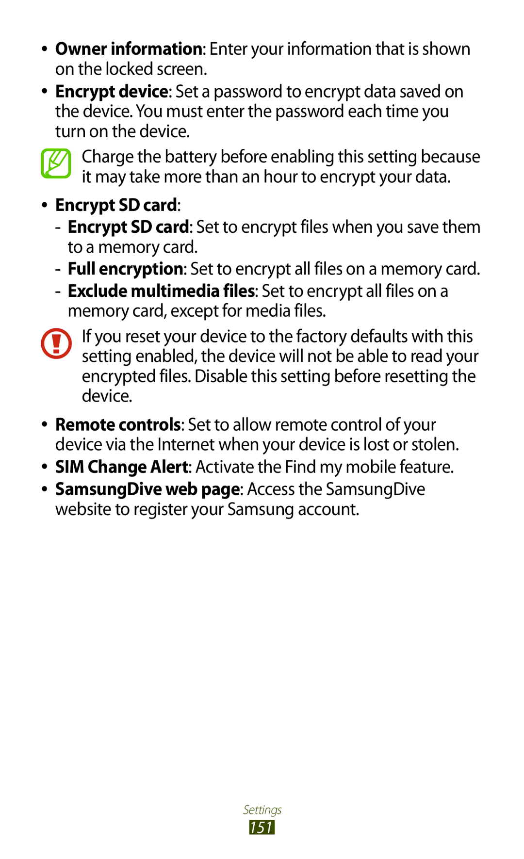 Samsung GT-I9300 user manual Encrypt SD card, SIM Change Alert Activate the Find my mobile feature 