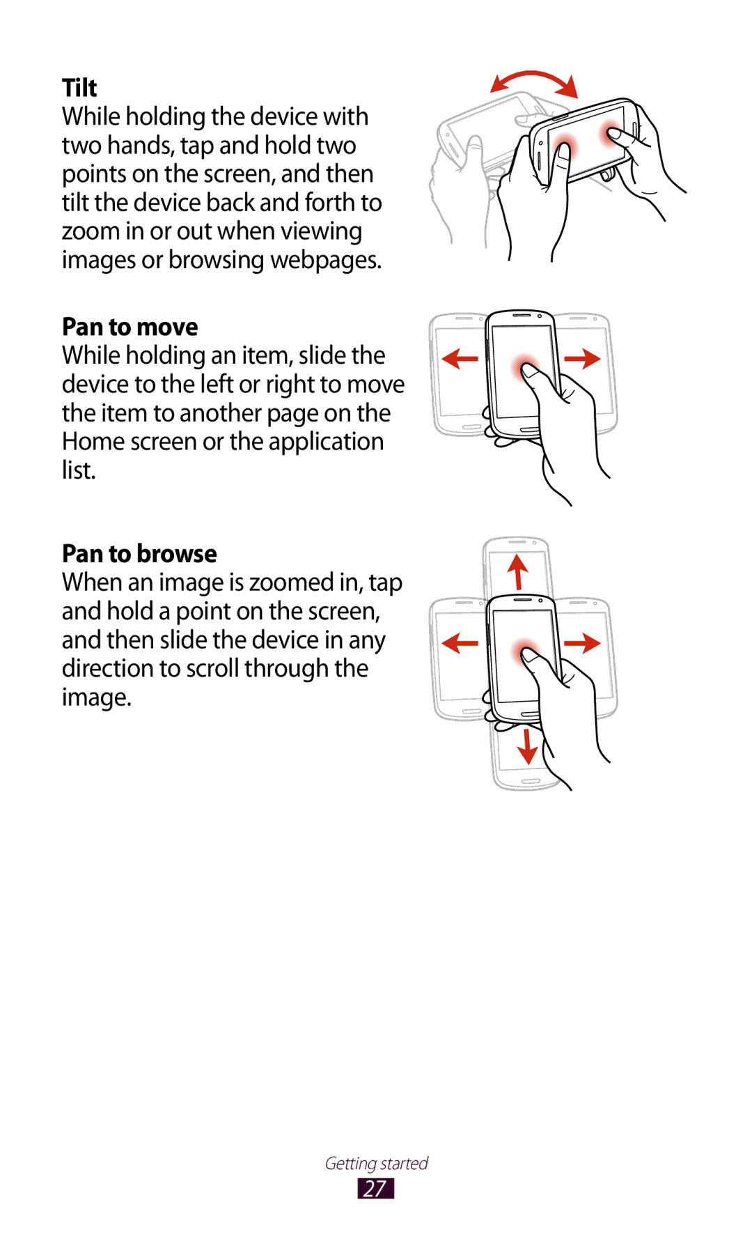 Samsung GT-I9300 user manual Tilt, Pan to move, Pan to browse 