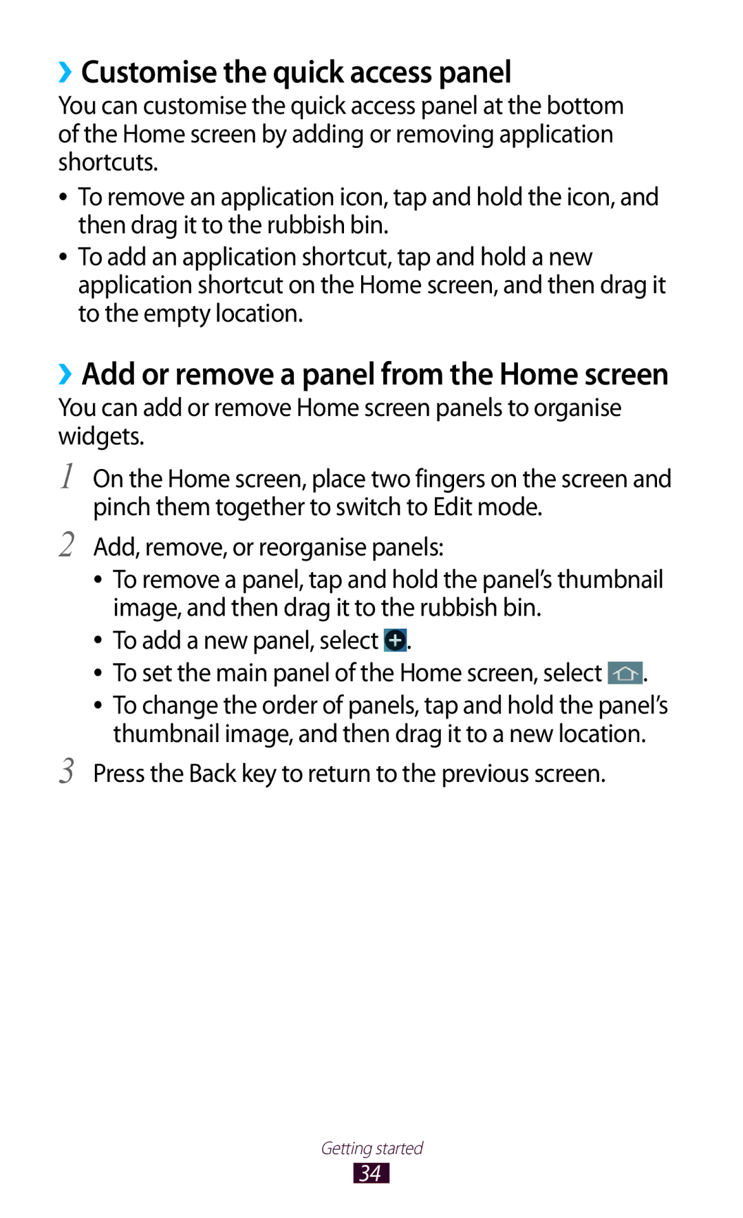 Samsung GT-I9300 user manual ››Customise the quick access panel, Add, remove, or reorganise panels 