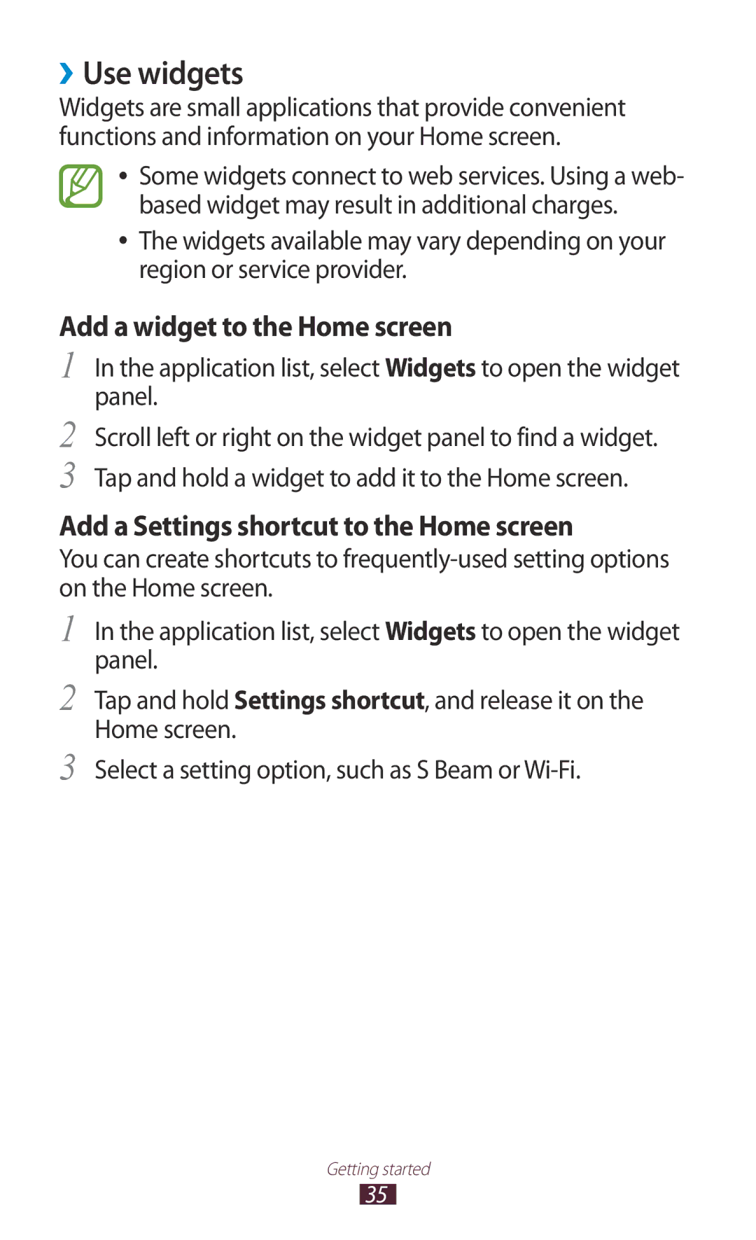 Samsung GT-I9300 user manual ››Use widgets, Application list, select Widgets to open the widget panel 