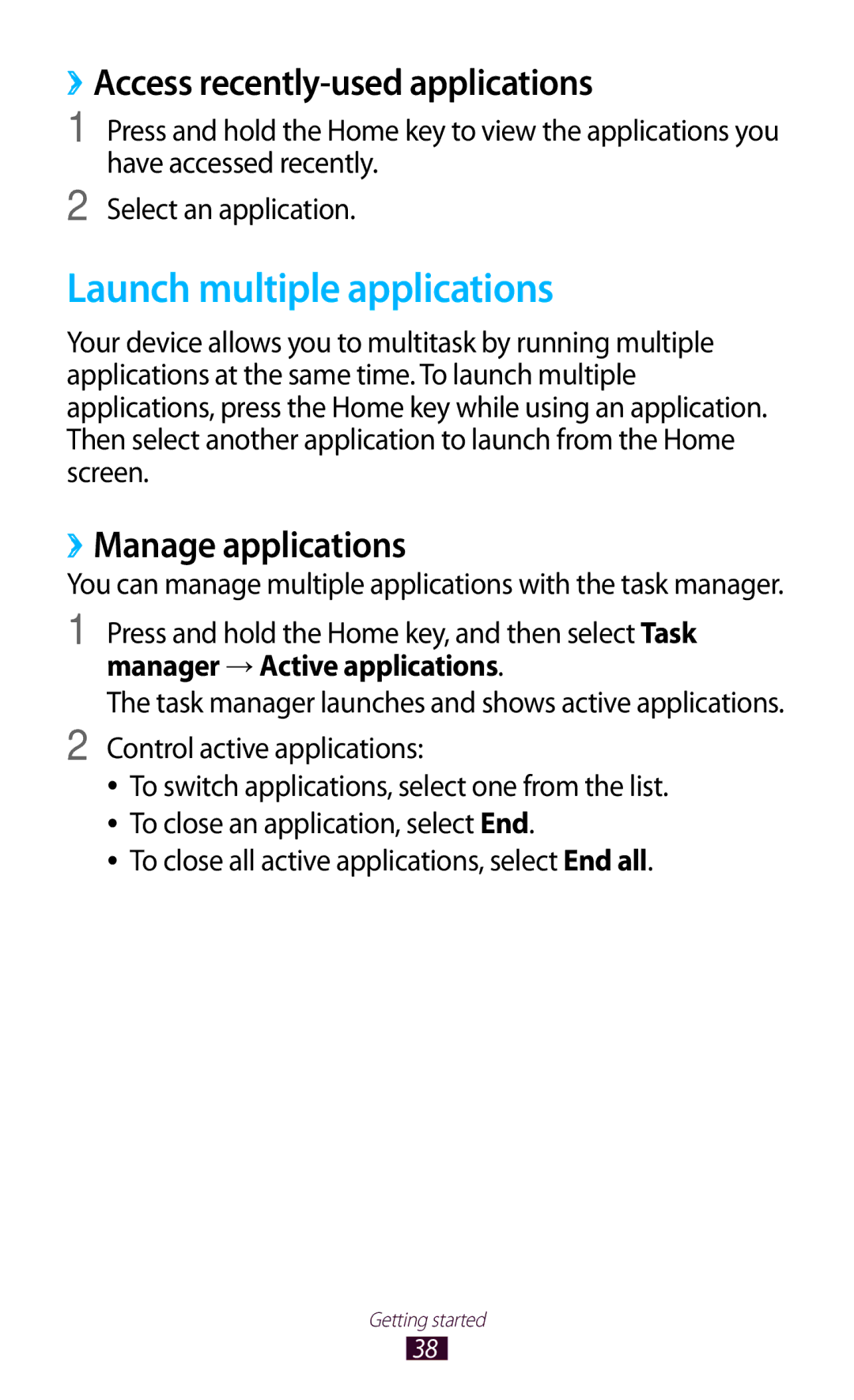 Samsung GT-I9300 user manual Launch multiple applications, ››Access recently-used applications, ››Manage applications 