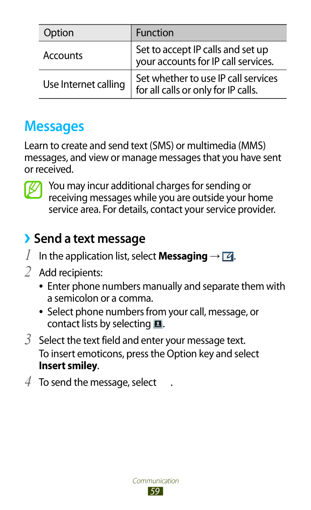 Samsung GT-I9300 user manual Messages, ››Send a text message, Option Function Accounts, For all calls or only for IP calls 