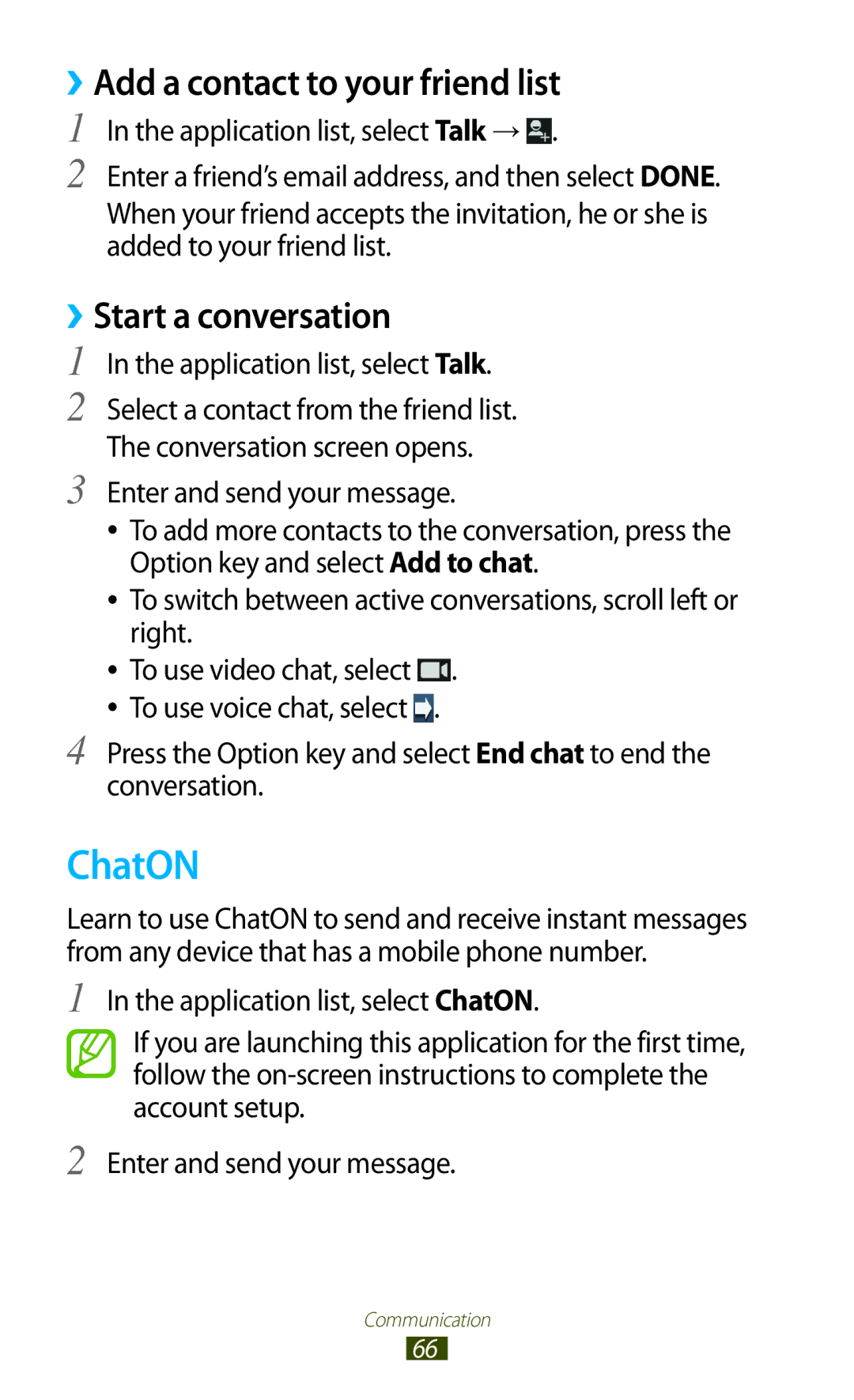 Samsung GT-I9300 ChatON, ››Add a contact to your friend list, ››Start a conversation, Application list, select Talk 