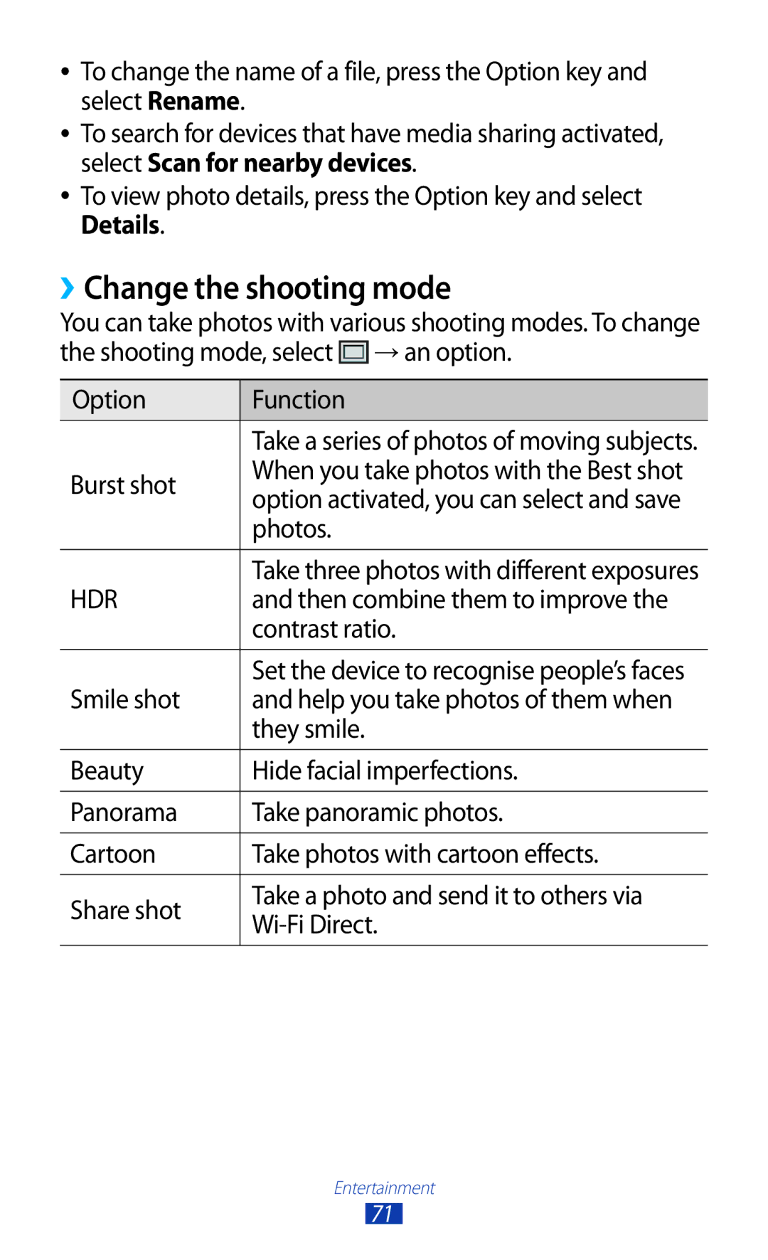 Samsung GT-I9300 user manual ››Change the shooting mode, Burst shot, Photos, Then combine them to improve, Contrast ratio 