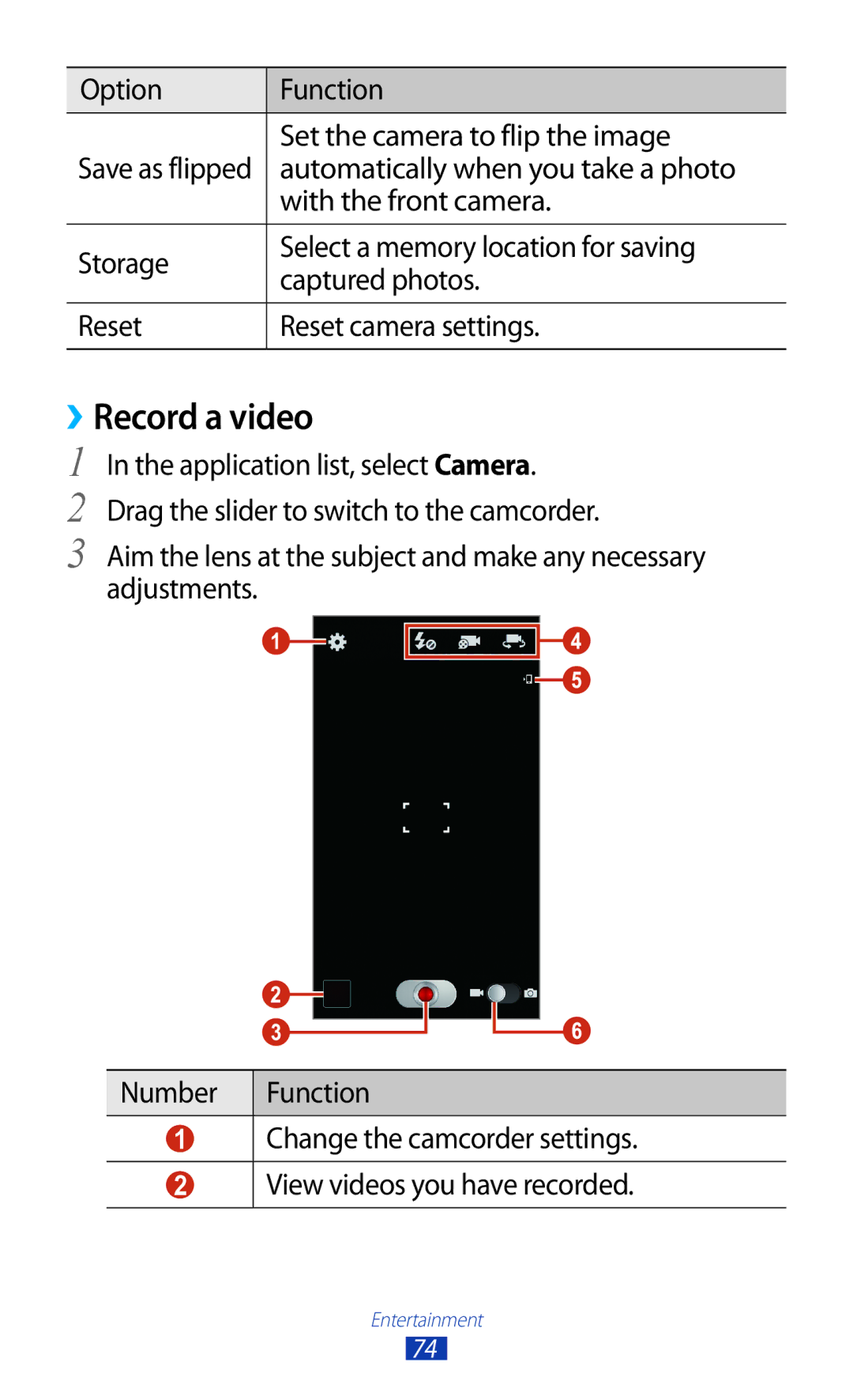 Samsung GT-I9300 user manual ››Record a video, Set the camera to flip the image, Automatically when you take a photo 