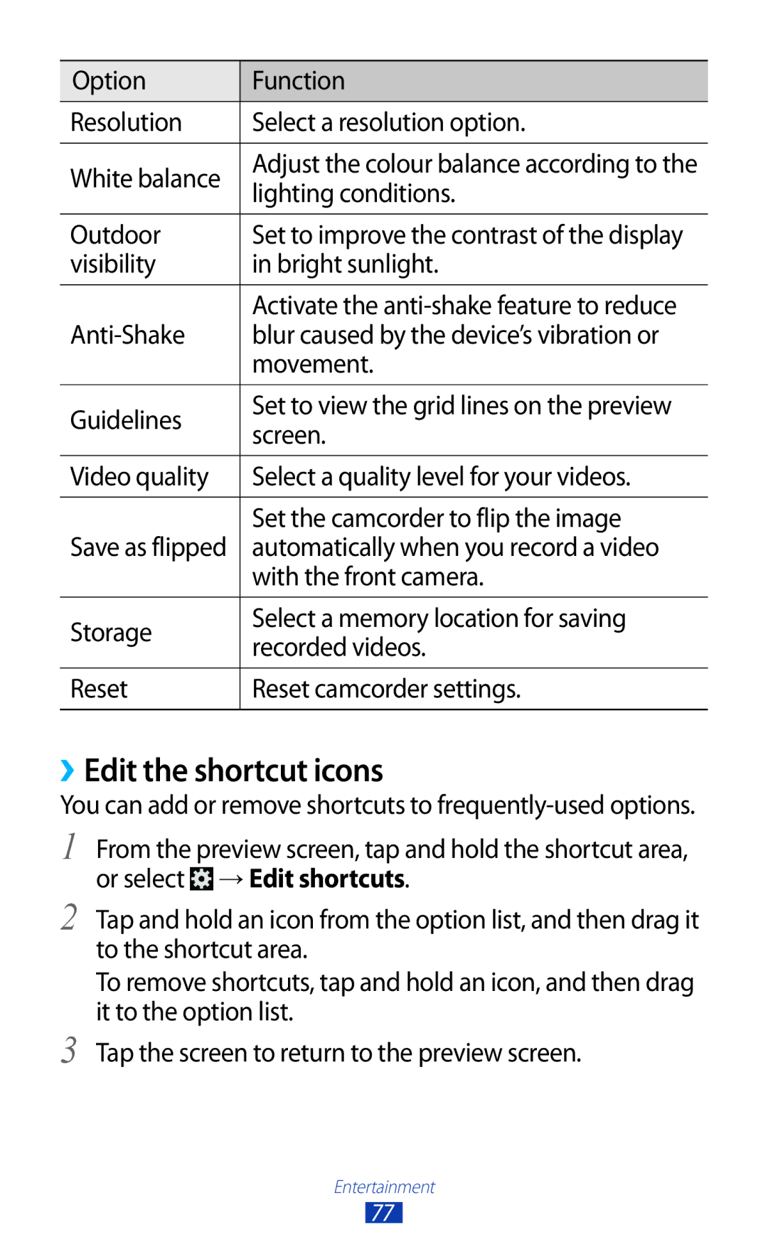 Samsung GT-I9300 user manual ››Edit the shortcut icons, Automatically when you record a video 