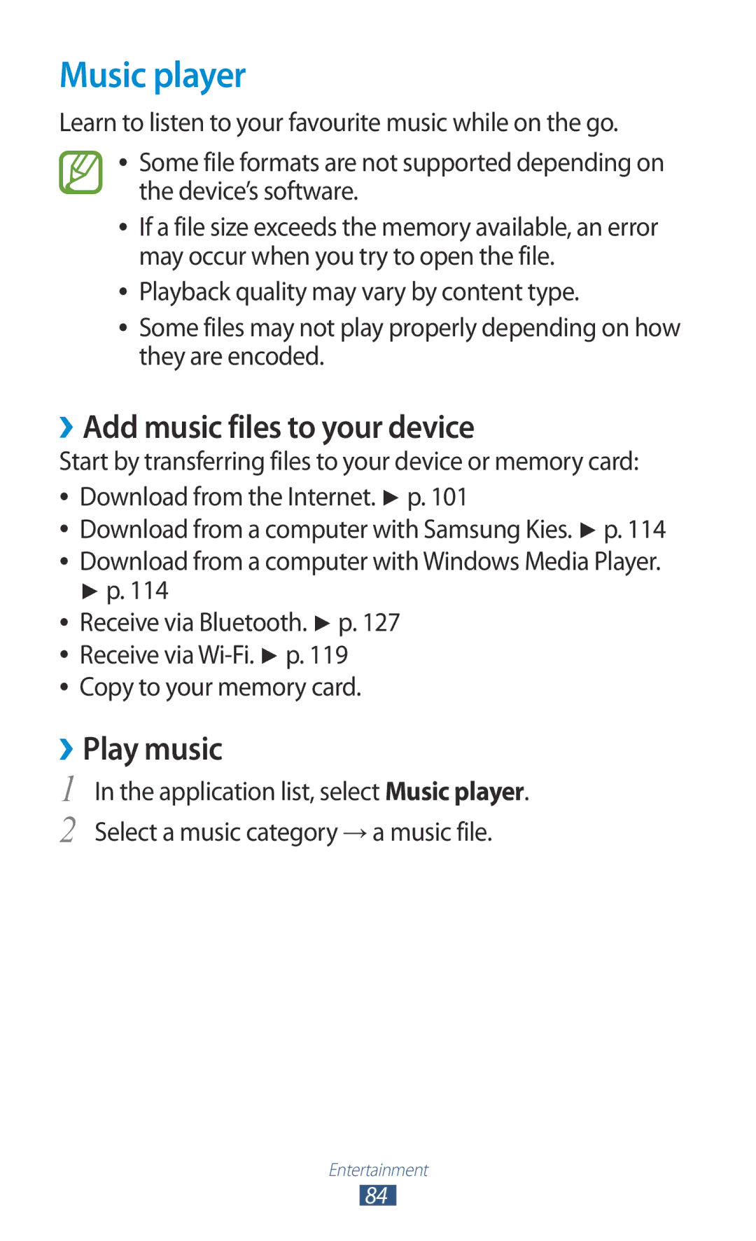 Samsung GT-I9300 user manual Music player, ››Add music files to your device, ››Play music, Copy to your memory card 