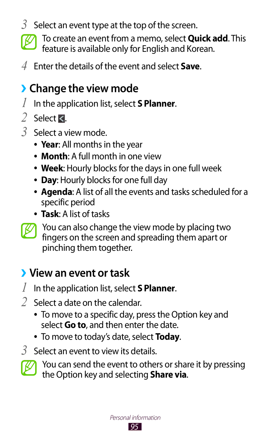 Samsung GT-I9300 user manual ››Change the view mode, ››View an event or task, Select an event type at the top of the screen 