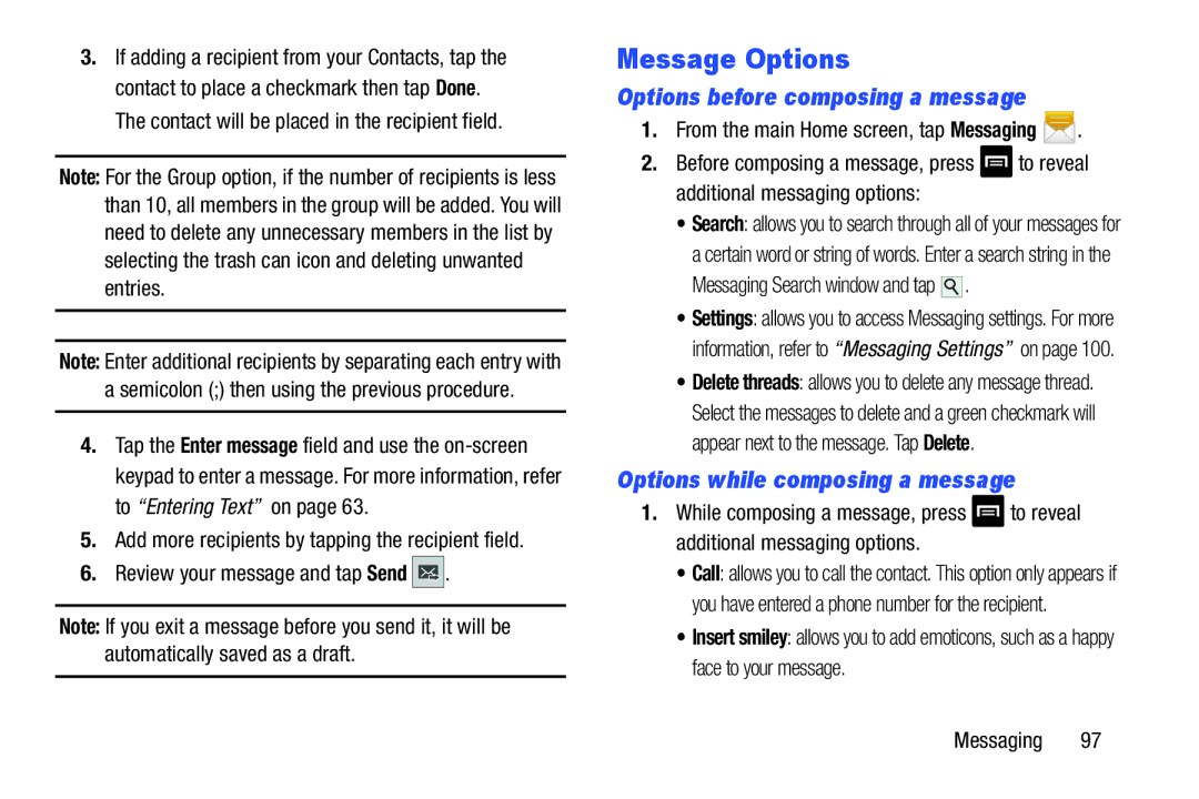 Samsung GT-I9300BLACK Message Options, Options before composing a message, Options while composing a message, Messaging 