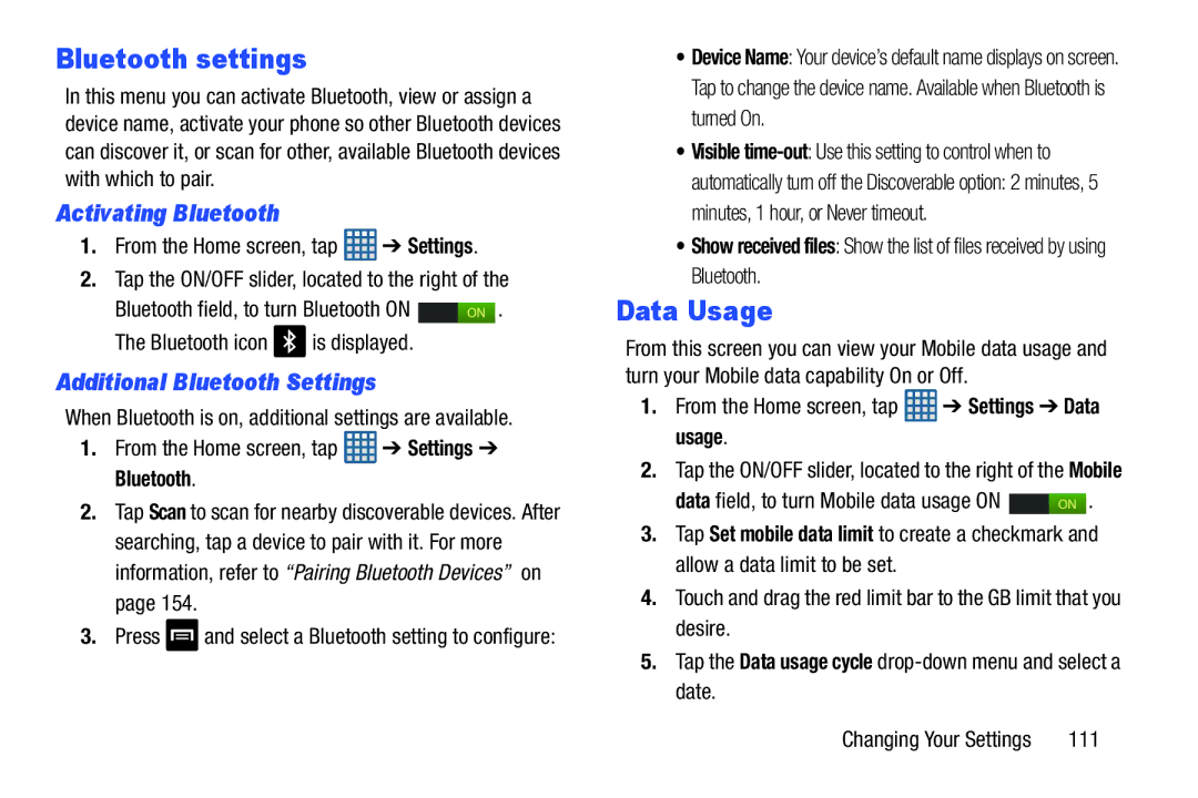 Samsung GT-I9300BLACK user manual Bluetooth settings, Data Usage, Activating Bluetooth, Additional Bluetooth Settings 