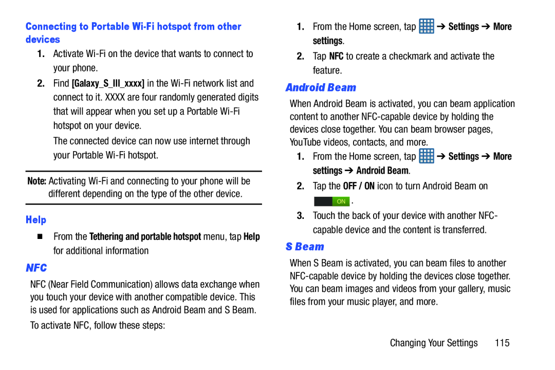 Samsung GT-I9300BLACK user manual Android Beam, Connecting to Portable Wi-Fi hotspot from other devices, Help 