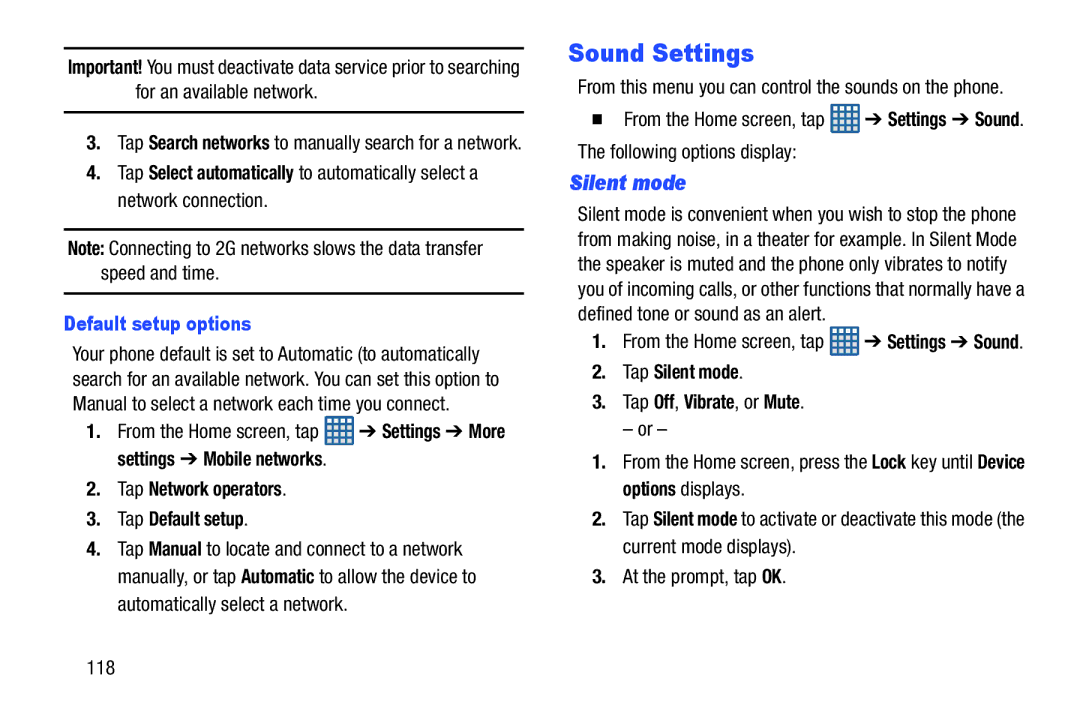 Samsung GT-I9300BLACK Sound Settings, Silent mode, Default setup options, Tap Network operators Tap Default setup 