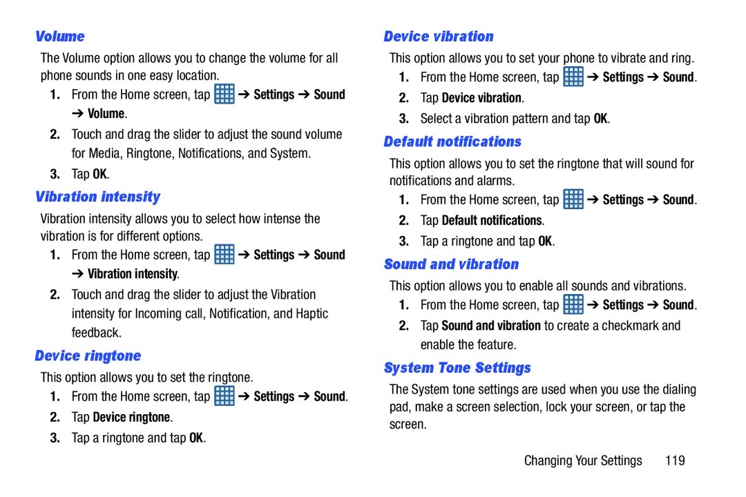 Samsung GT-I9300BLACK user manual Volume, Vibration intensity, Device ringtone, Device vibration, Default notifications 