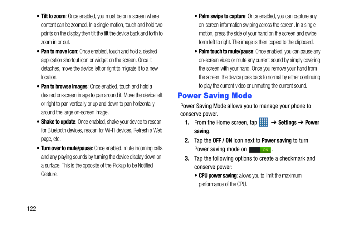 Samsung GT-I9300BLACK user manual Power Saving Mode, 122, Tap the OFF / on icon next to Power saving to turn 