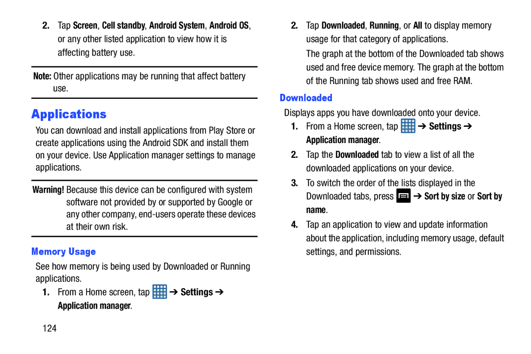 Samsung GT-I9300BLACK user manual Applications, Memory Usage, Downloaded, 124 