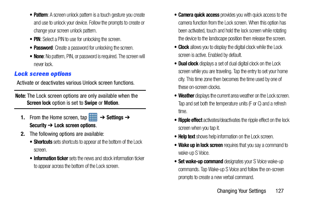 Samsung GT-I9300BLACK user manual Lock screen options, PIN Select a PIN to use for unlocking the screen, 127 