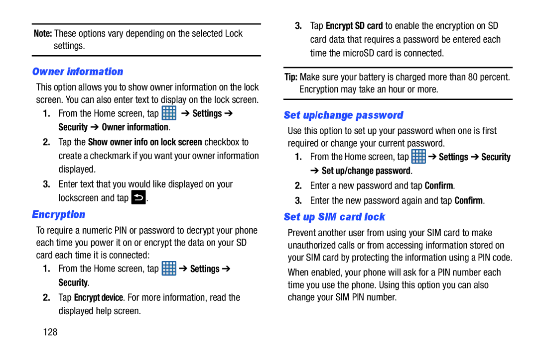 Samsung GT-I9300BLACK user manual Owner information, Encryption, Set up/change password, Set up SIM card lock 