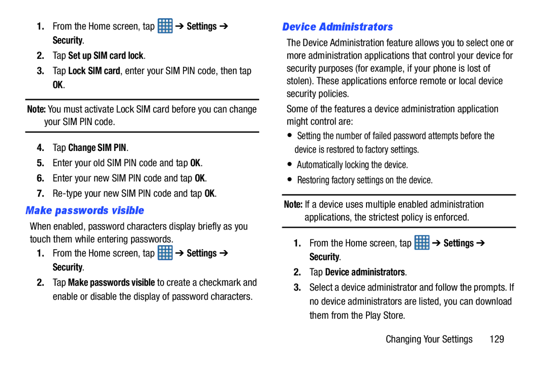 Samsung GT-I9300BLACK Make passwords visible, Device Administrators, Tap Set up SIM card lock, Tap Change SIM PIN 