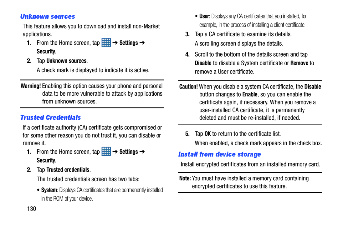 Samsung GT-I9300BLACK Trusted Credentials, Install from device storage, Tap Unknown sources, Tap Trusted credentials 