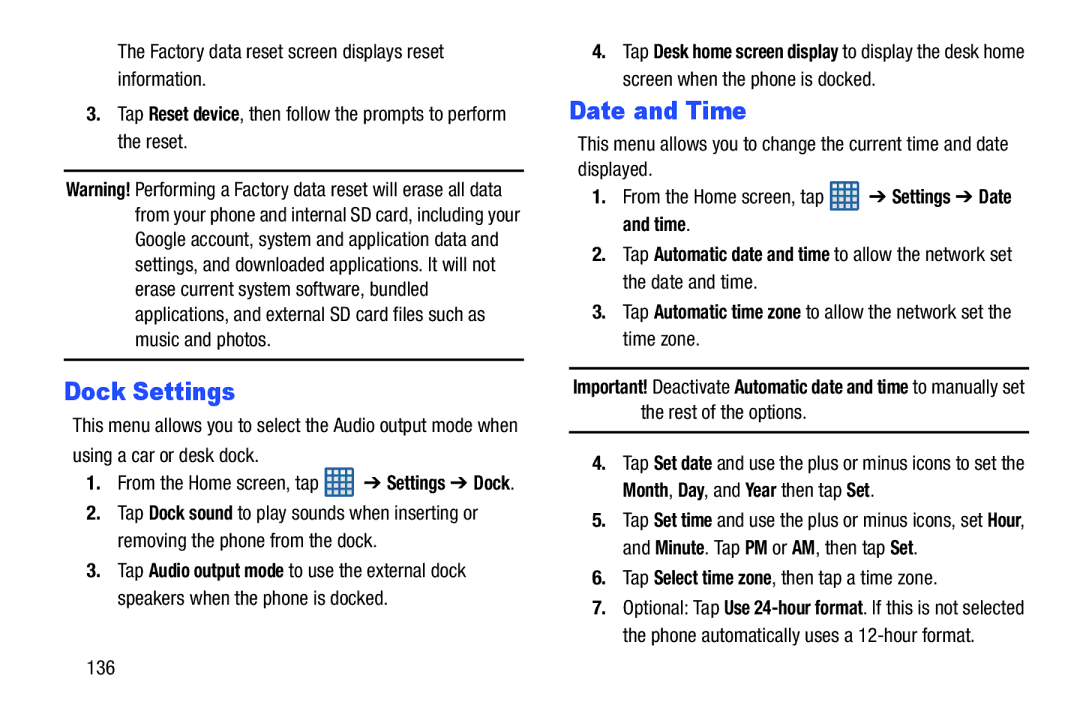 Samsung GT-I9300BLACK user manual Dock Settings, Date and Time, Tap Select time zone, then tap a time zone, 136 