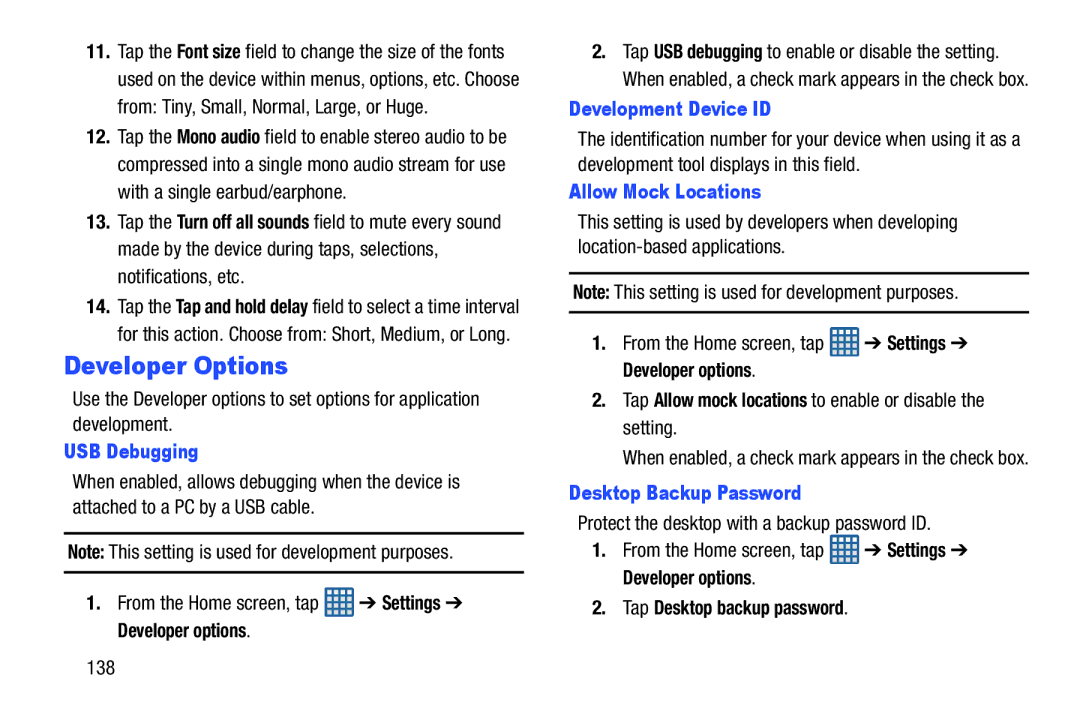 Samsung GT-I9300BLACK user manual Developer Options, USB Debugging, Development Device ID, Allow Mock Locations 