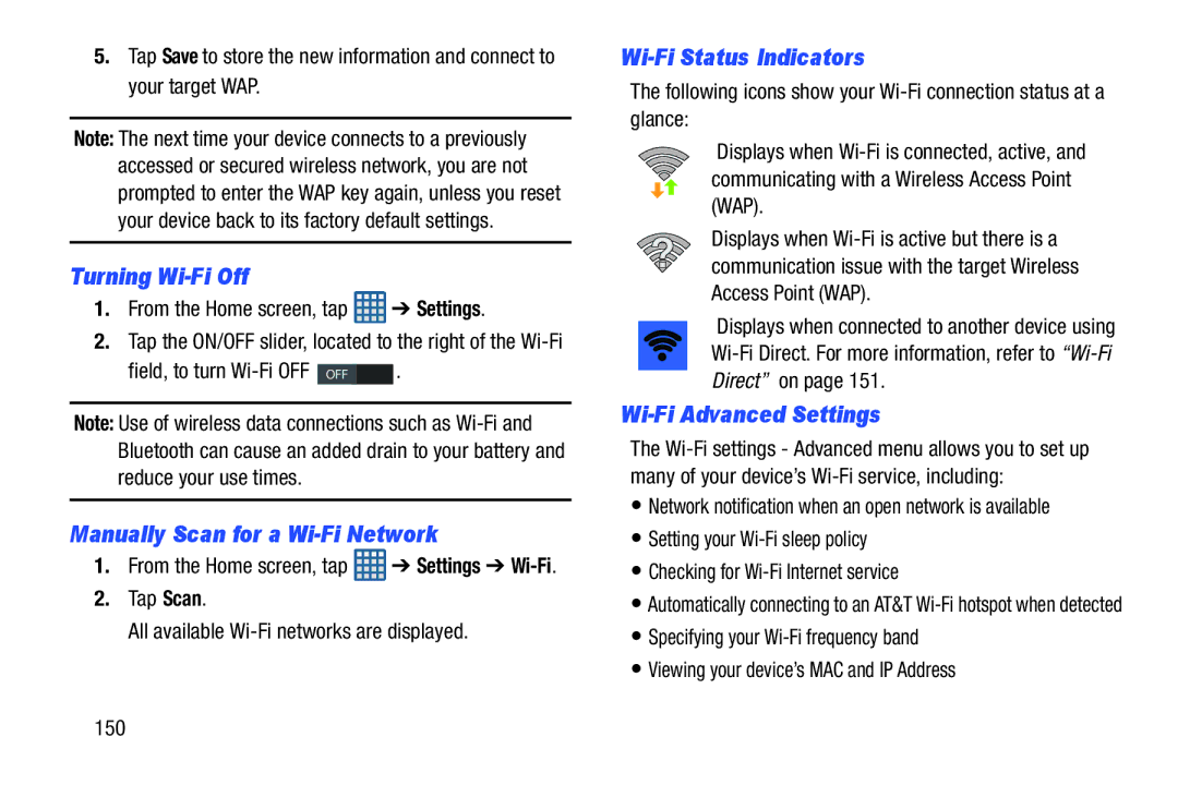 Samsung GT-I9300BLACK user manual Turning Wi-Fi Off, Manually Scan for a Wi-Fi Network, Wi-Fi Status Indicators 