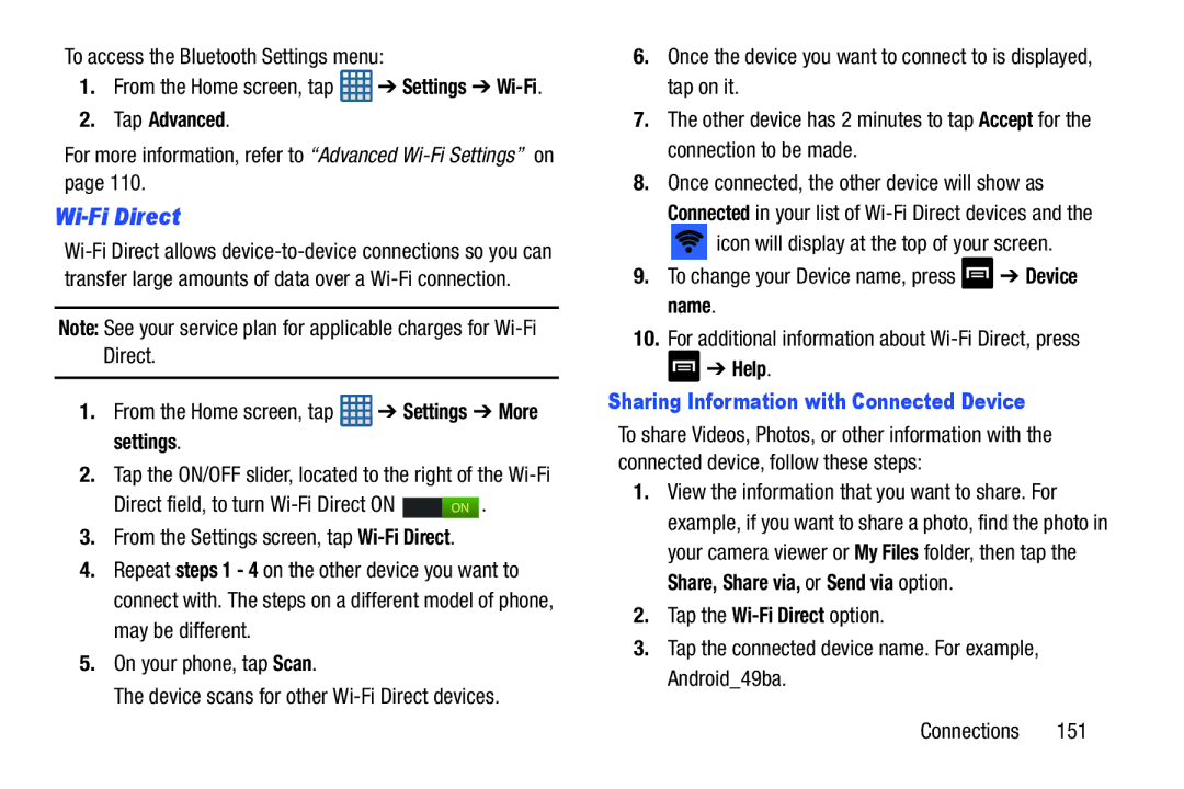 Samsung GT-I9300BLACK Wi-Fi Direct, To access the Bluetooth Settings menu, Help, Sharing Information with Connected Device 