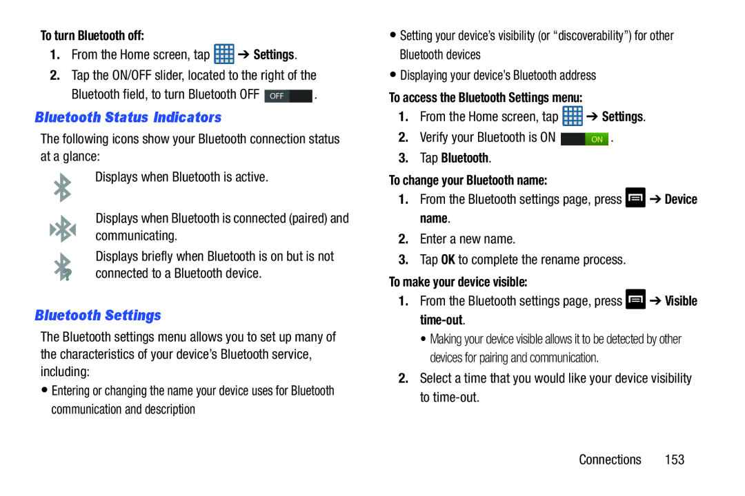 Samsung GT-I9300BLACK user manual Bluetooth Status Indicators, Bluetooth Settings 