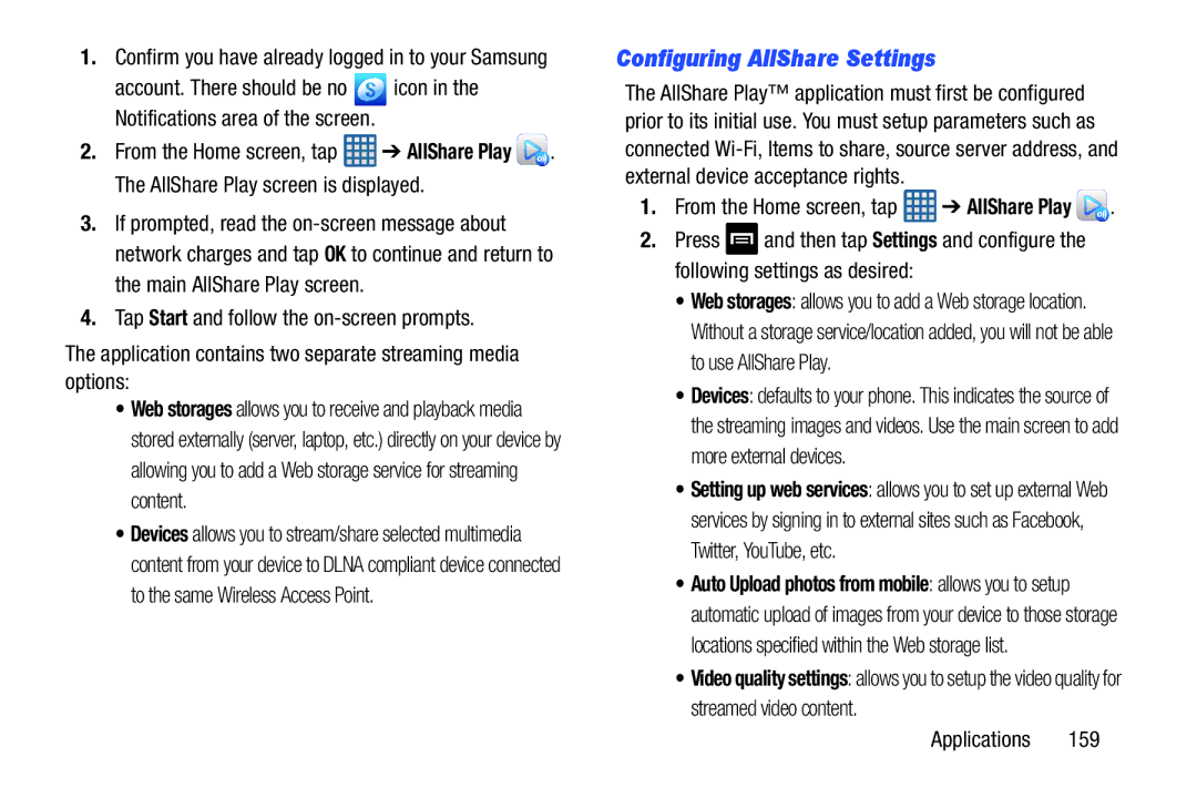 Samsung GT-I9300BLACK Configuring AllShare Settings, Applications, Confirm you have already logged in to your Samsung 