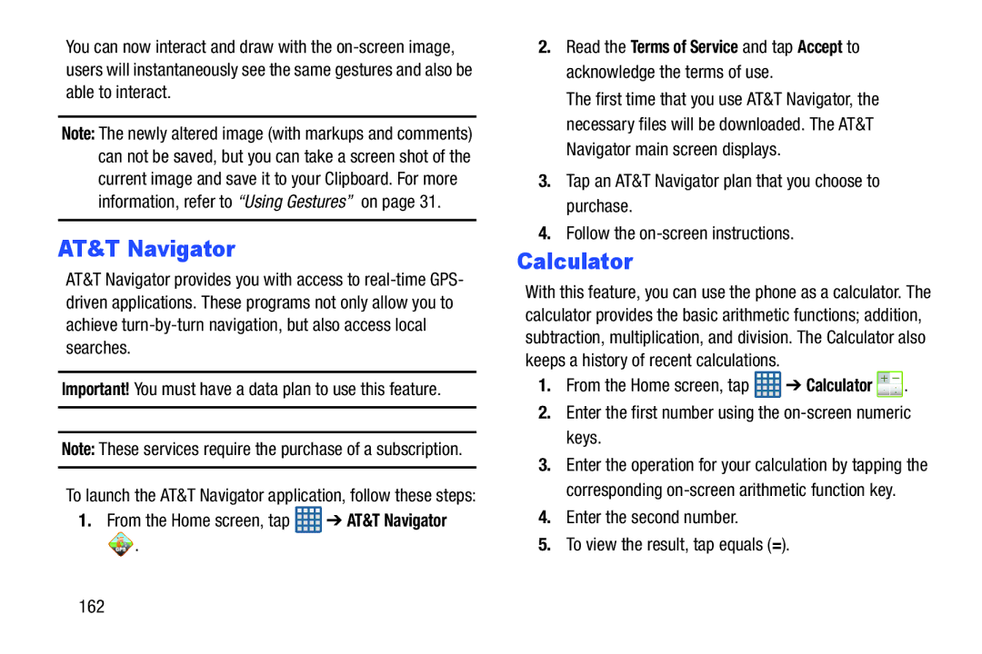 Samsung GT-I9300BLACK user manual AT&T Navigator, Calculator, Enter the first number using the on-screen numeric keys 