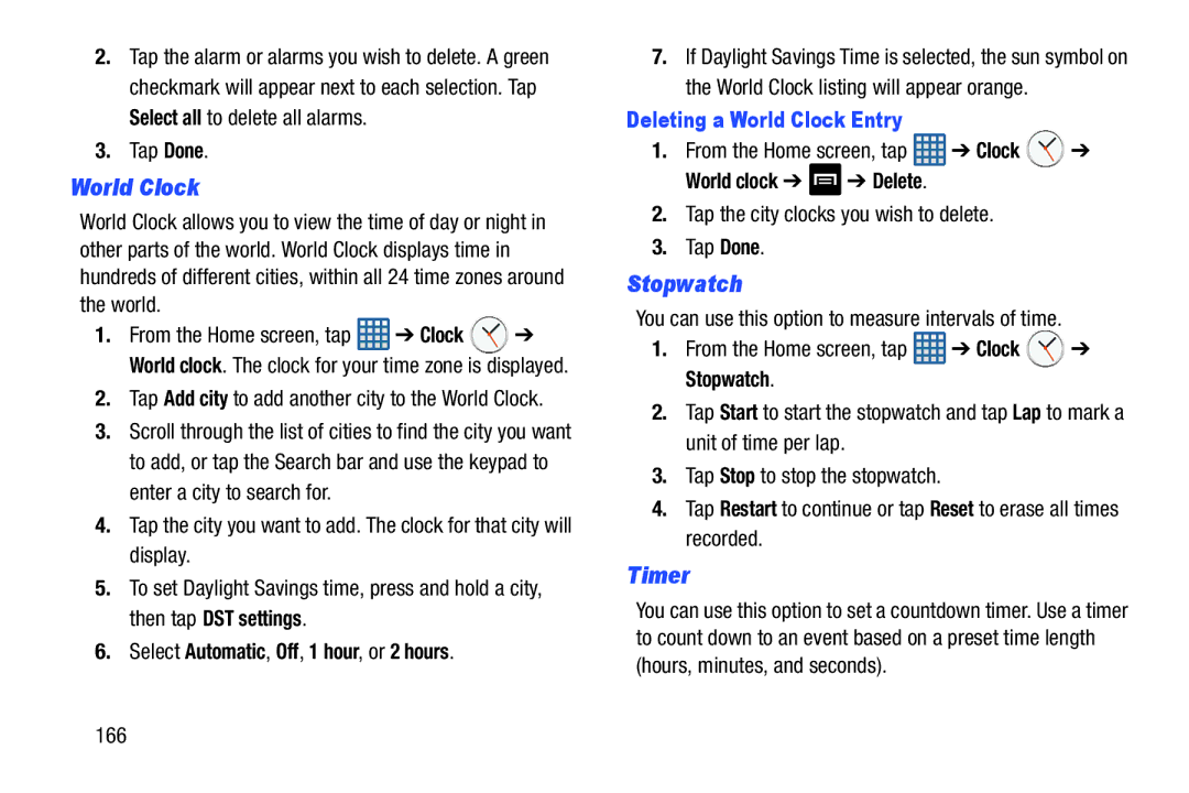 Samsung GT-I9300BLACK user manual Stopwatch, Timer, Deleting a World Clock Entry 