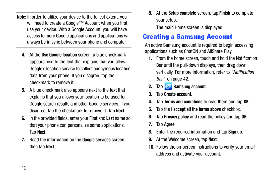 Samsung GT-I9300BLACK user manual Creating a Samsung Account, Tap Samsung account Tap Create account 